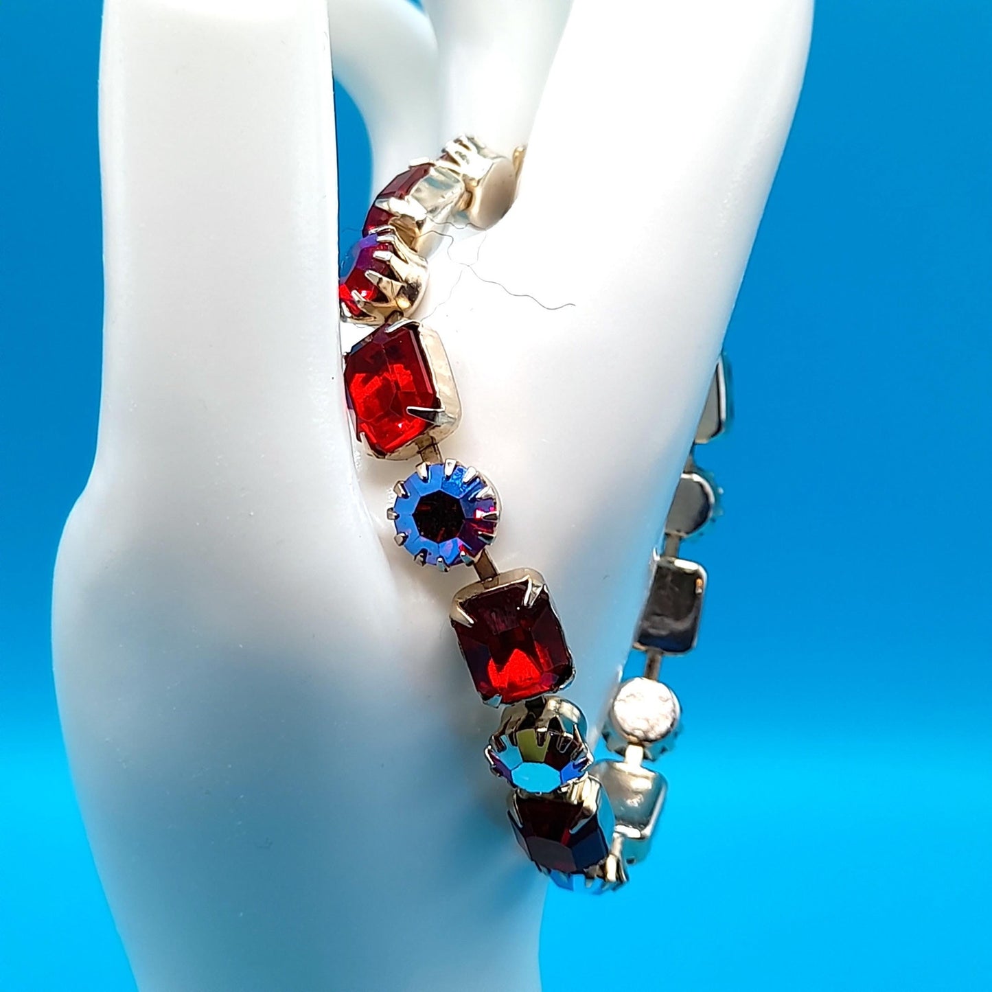 Weiss Red and Aurora Borealis Rhinestone Bracelet – 1960s Gold Tone Vintage Jewelry