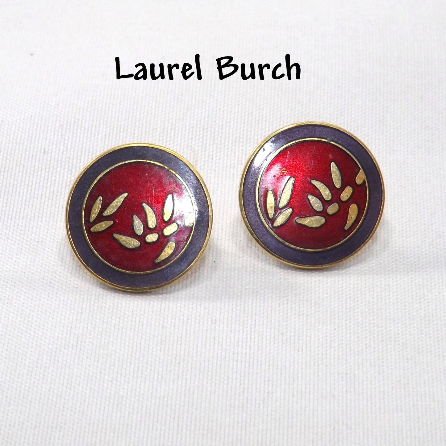 Laurel Burch Bamboo Red Post Earrings, Cloisonné Gold Plated, 1980s Vintage