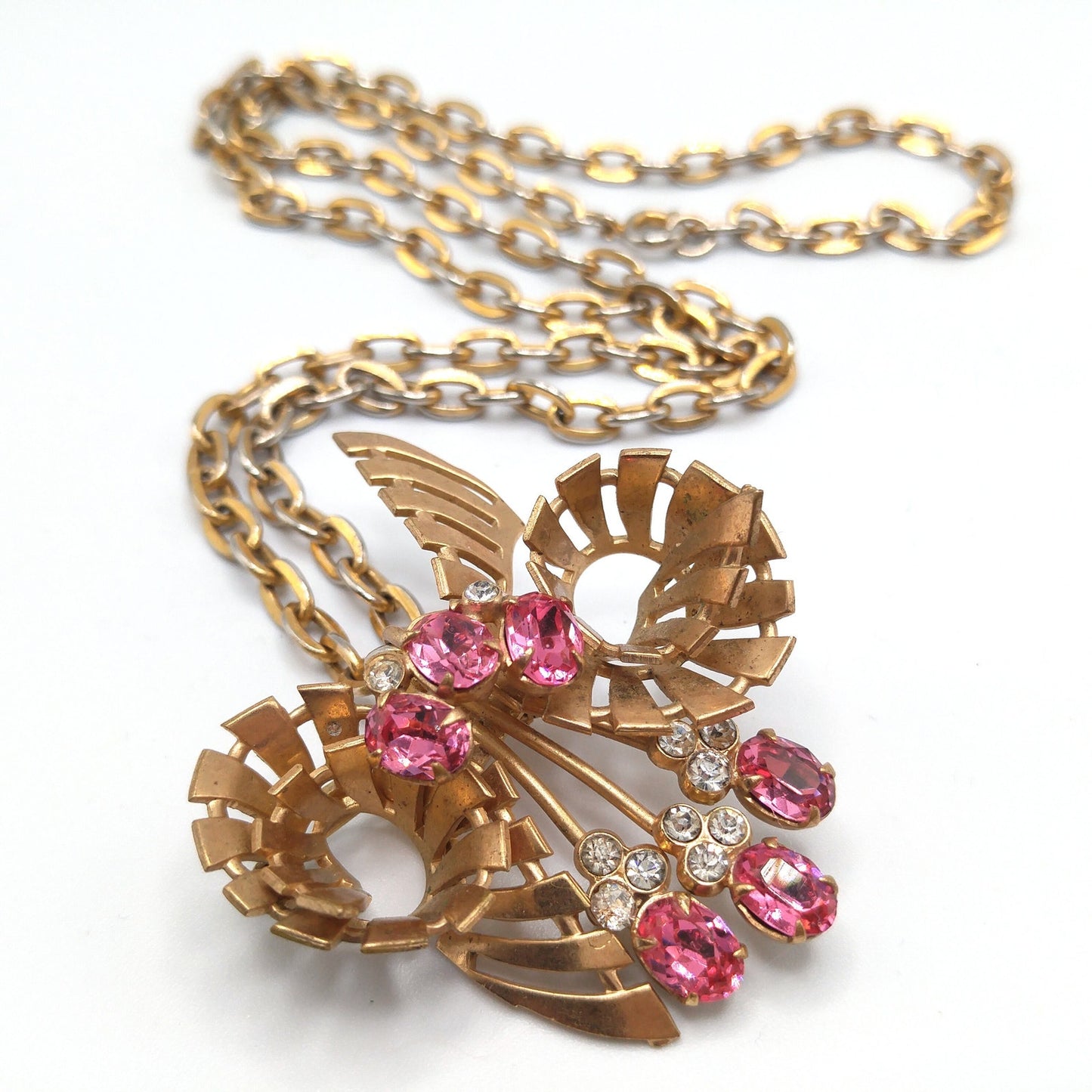 Pink Rhinestone Brooch Pendant Necklace, Gold Plated Pendant Brooch Combo, 1940s Vintage Jewelry
