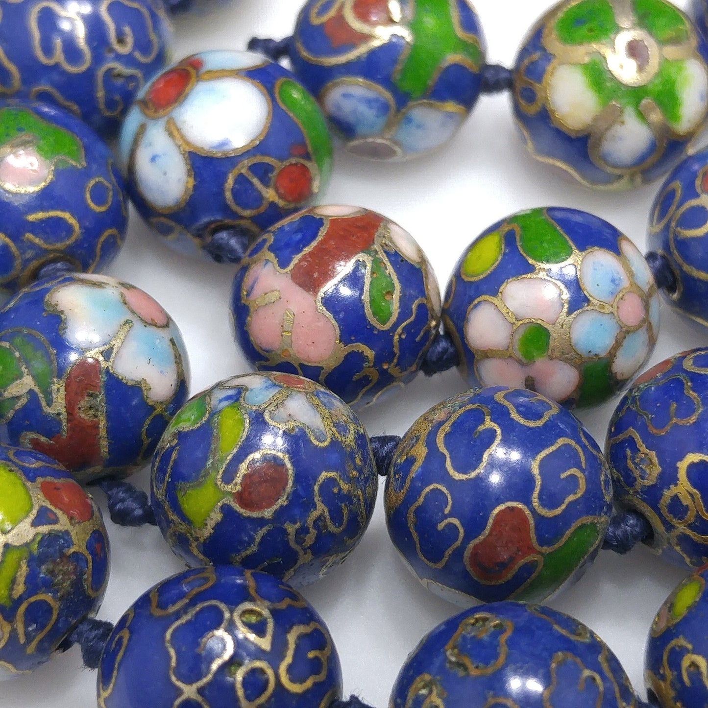 Cloisonne Blue Beaded Necklace, Floral Hand Painted Beads, 1960s Vintage Jewelry