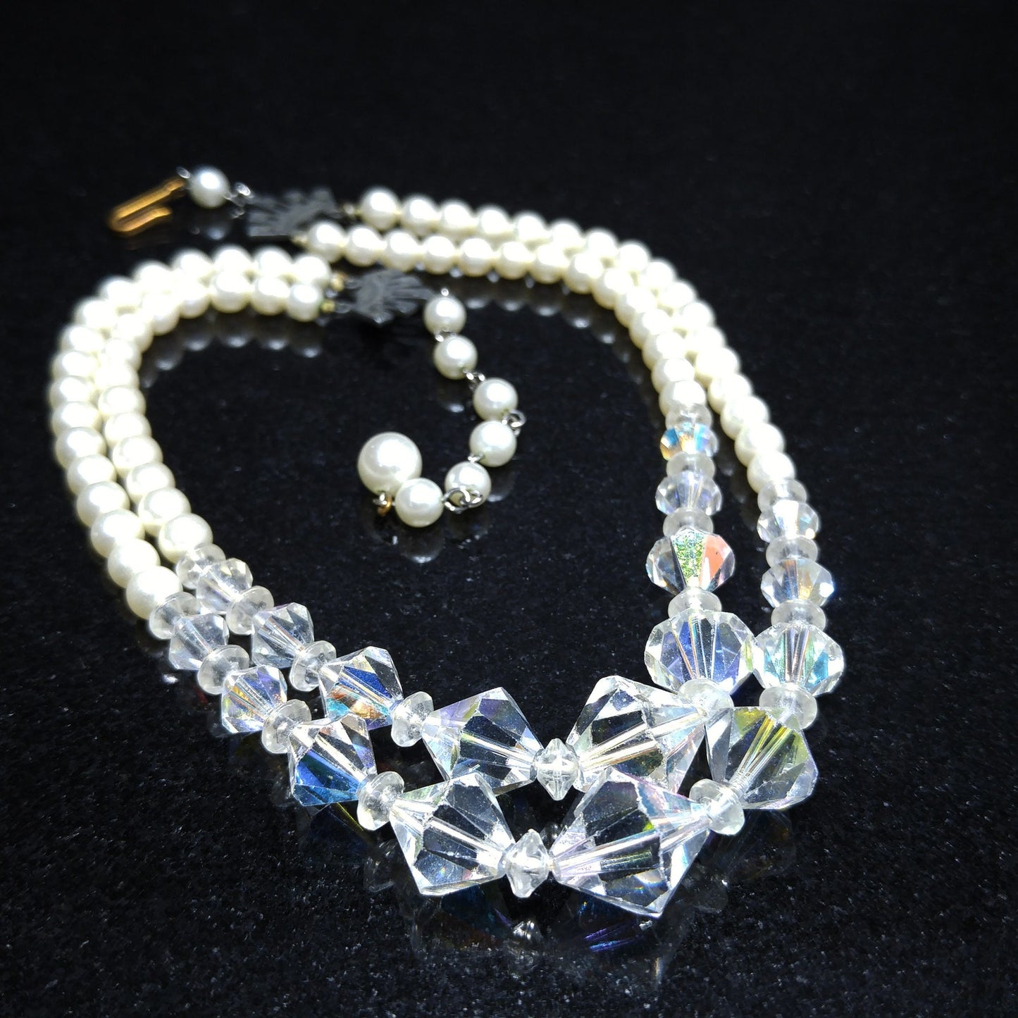 Wedding Bridal Faux Pearl AB Crystal Beaded Necklace, 2 Strands, 1950s Vintage