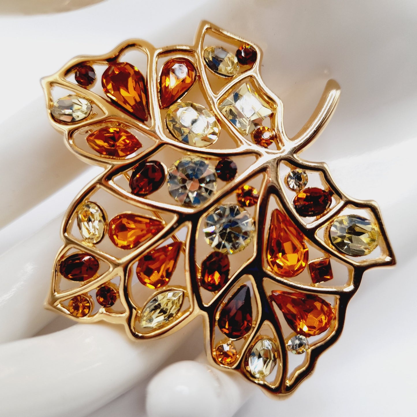 Vintage Nolan Miller Maple Leaf Brooch Gold Plated Rhinestone Glamour Collection 2 3/8"
