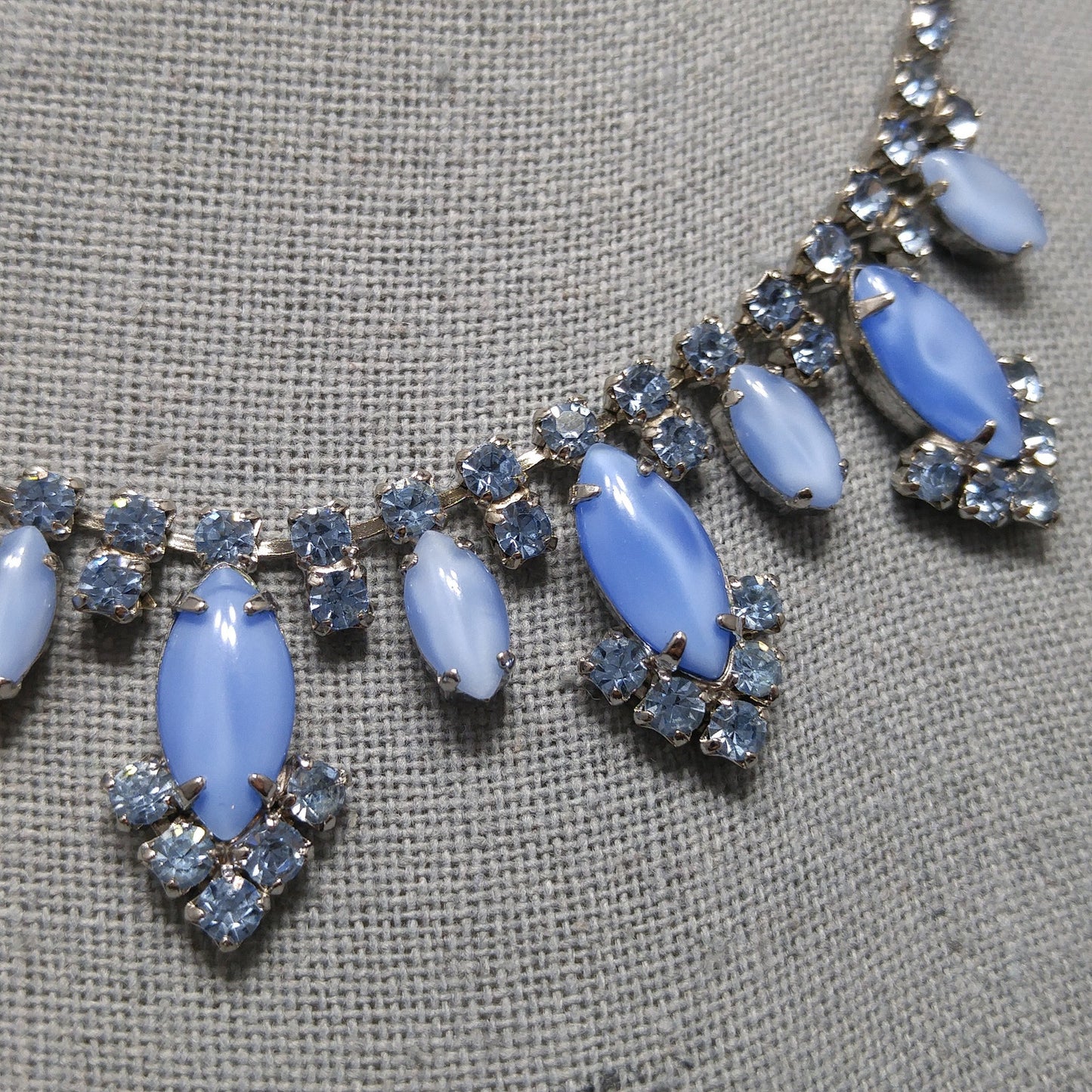 Blue Art Glass Rhinestone Necklace, Rhodium Plated, 1960s Vintage Jewelry