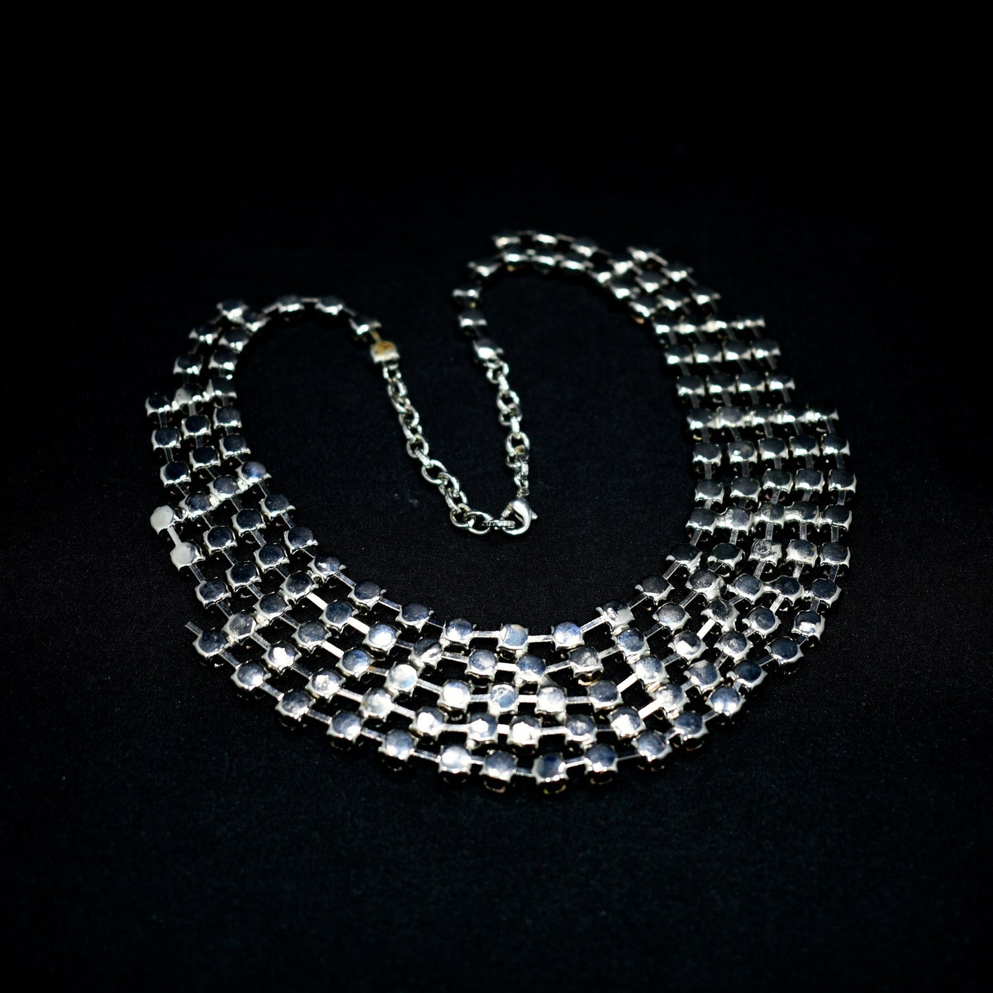 Vintage Clear Rhinestone Frontal Necklace, Rhodium Plating, 18 1/2 Inches, 1980s Vintage Jewelry