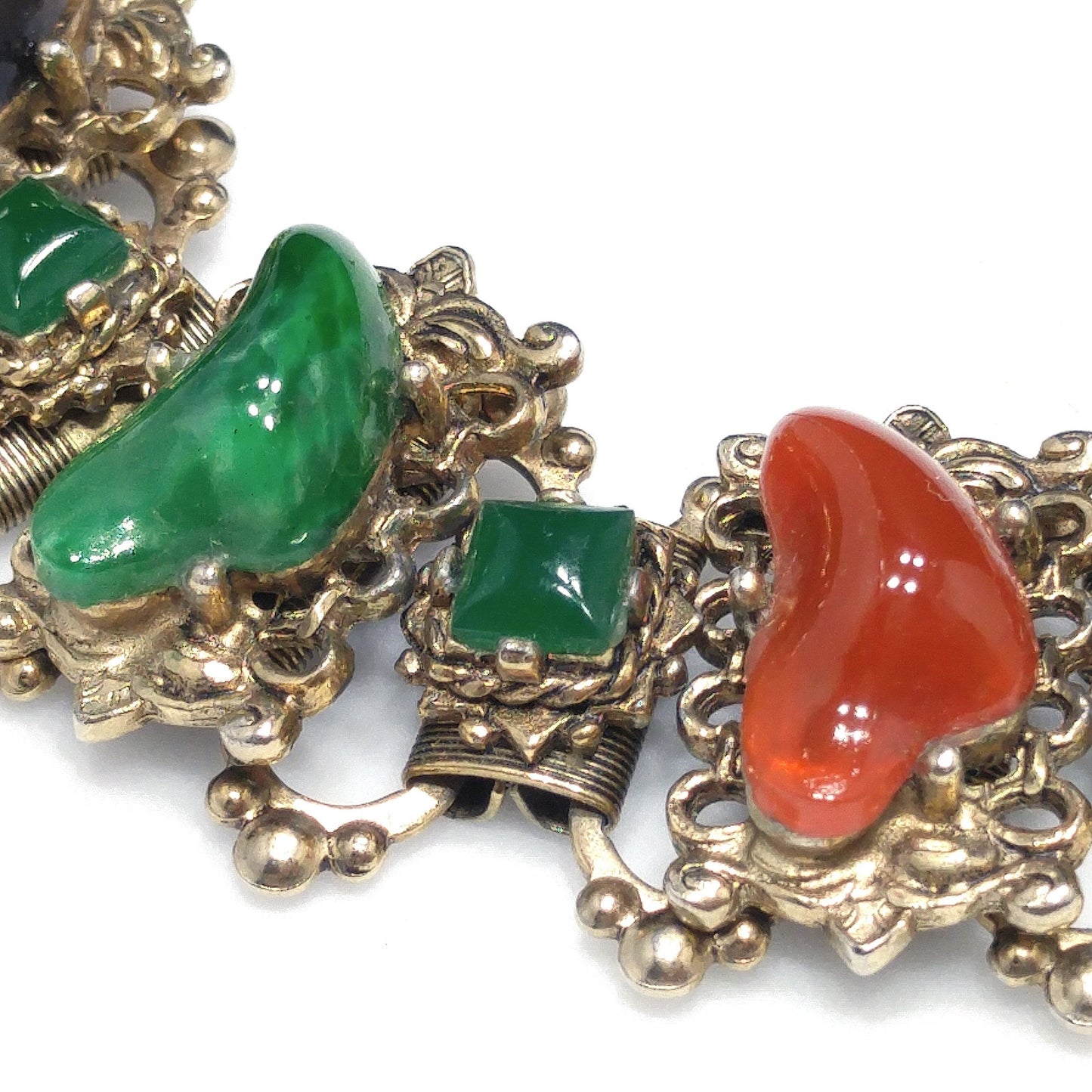 Vintage Book Chain Glass Links Bracelet, Green Red Brown White Glass, 1950s Vintage Jewelry