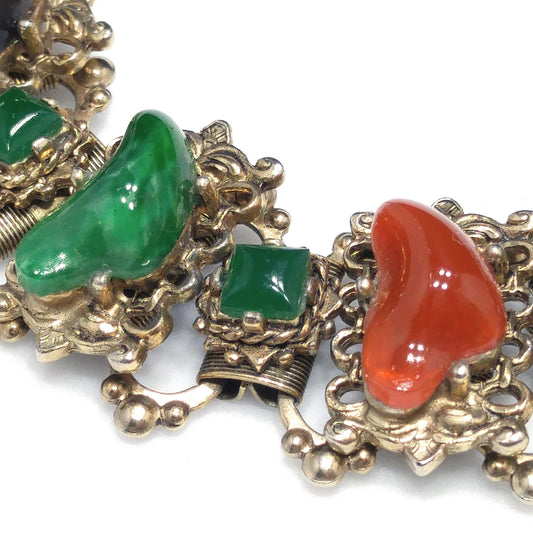 Vintage Book Chain Glass Links Bracelet, Green Red Brown White Glass, 1950s Vintage Jewelry