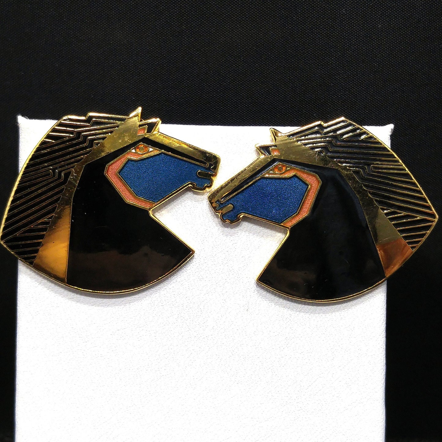 Laurel Burch "Wild Stallion" Post Earrings, Gold Plated Black Teal Enamel, 1980s Vintage Jewelry