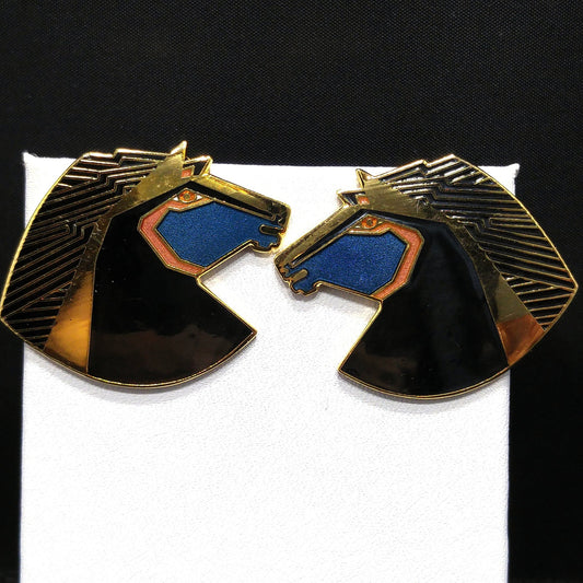 Laurel Burch "Wild Stallion" Post Earrings, Gold Plated Black Teal Enamel, 1980s Vintage Jewelry