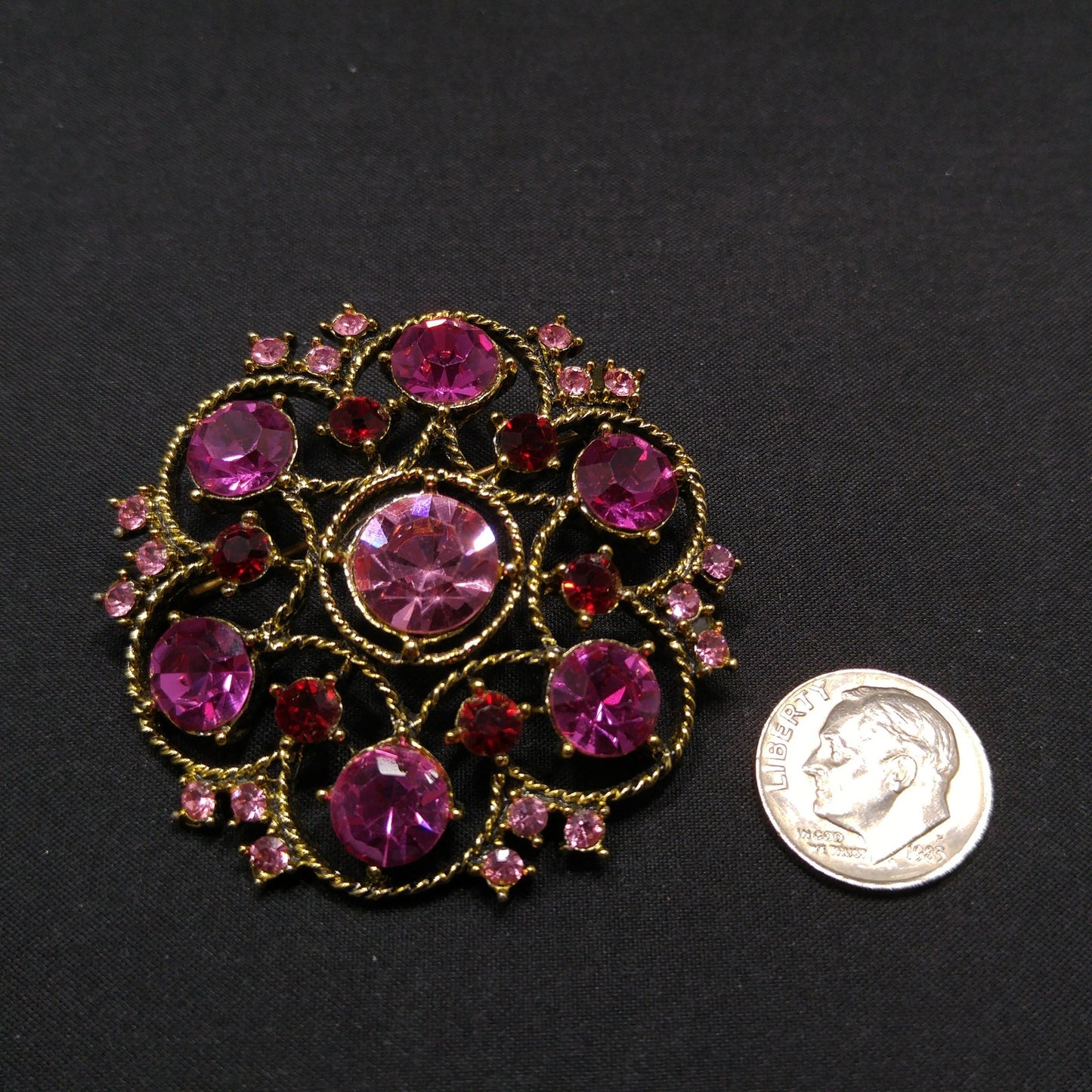 Weiss Pink Rhinestone Brooch, Antique Gold Rope Pin, 1960s Vintage Jewelry