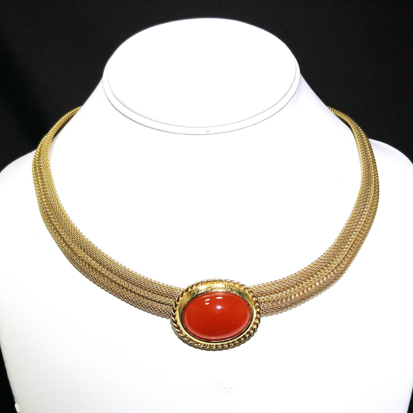 Trifari Orange Lucite Cabochon Necklace, Gold Plated Mesh, 1970s Vintage Jewelry