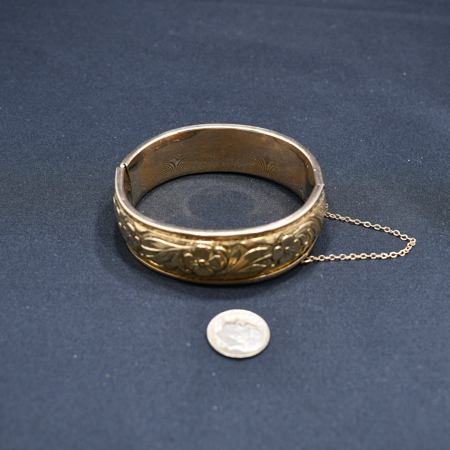 S O Bigney Gold Filled Floral Hinged Bracelet, Safety Chain, 1930s Vintage Jewelry