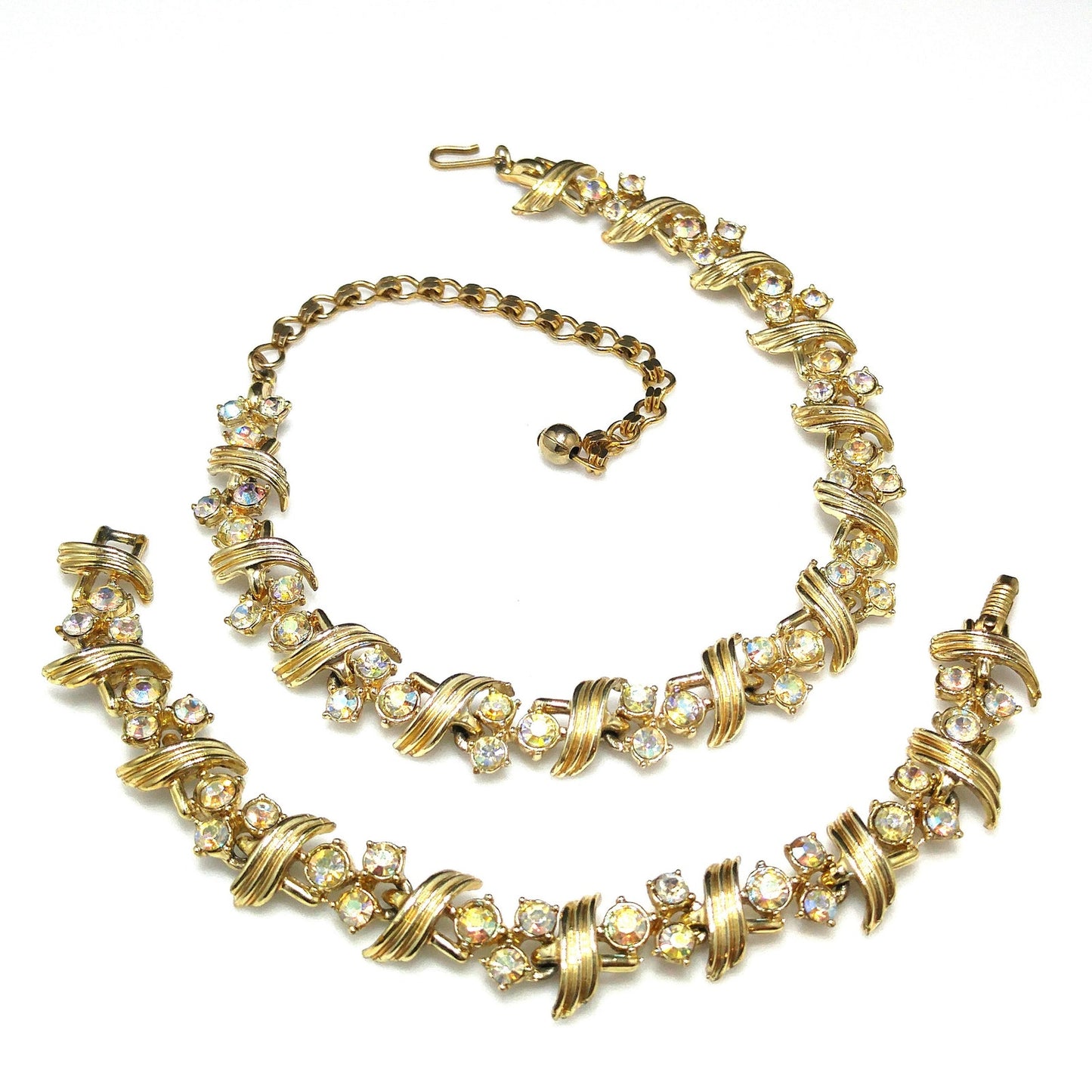 Vintage Aurora Borealis Rhinestone Necklace Bracelet Set, Gold Plated, 1960s Vintage Jewelry