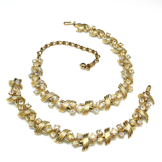 Vintage Aurora Borealis Rhinestone Necklace Bracelet Set, Gold Plated, 1960s Vintage Jewelry
