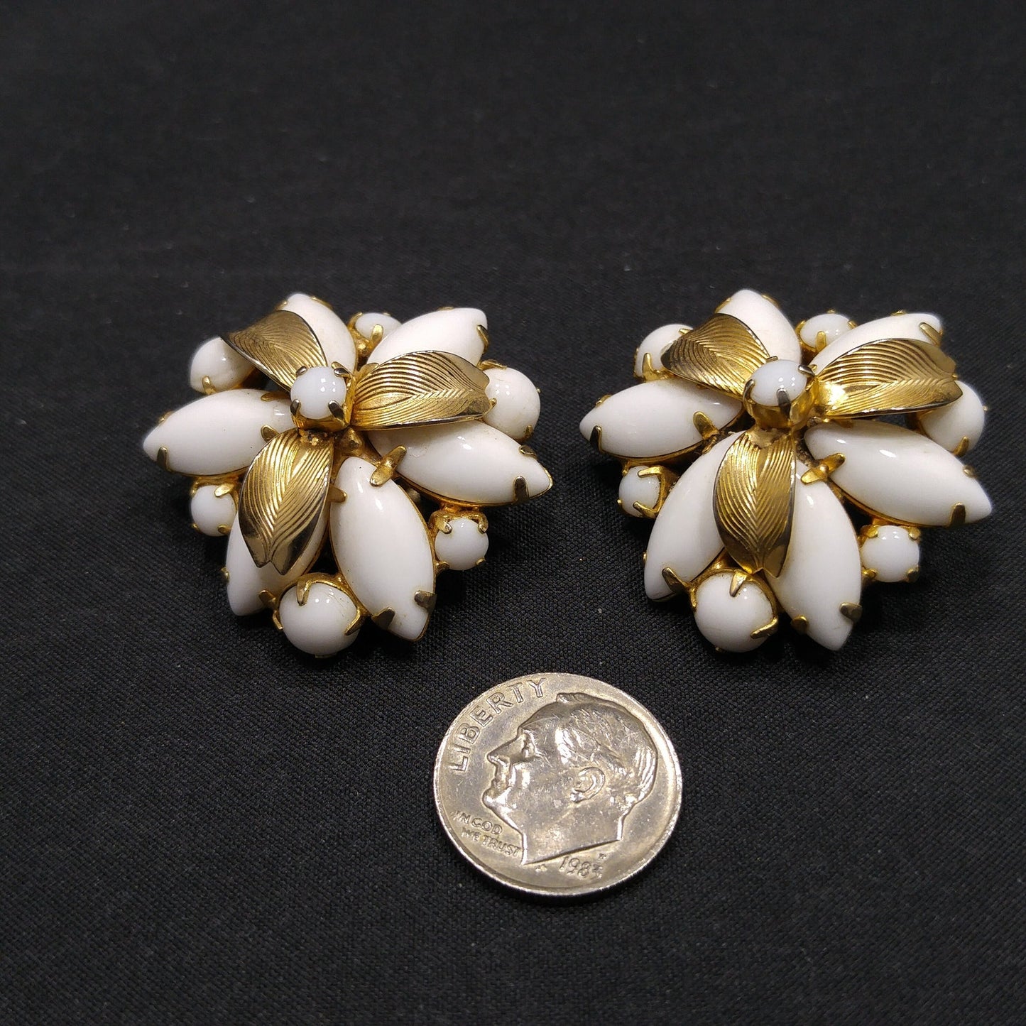Weiss Milk Glass Gold Plated Flower Earrings, 1960s Designer Vintage Jewelry
