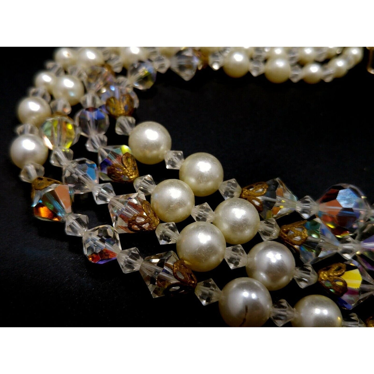 Mid Century AB Crystal Bead Necklace, Faux Pearls, Aurora Borealis, 1960s