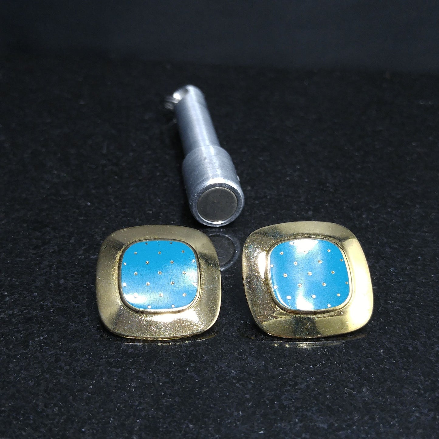 Vintage Laurel Burch "Mastriano" Clip Earrings, Teal Blue Enamel, Gold Plated