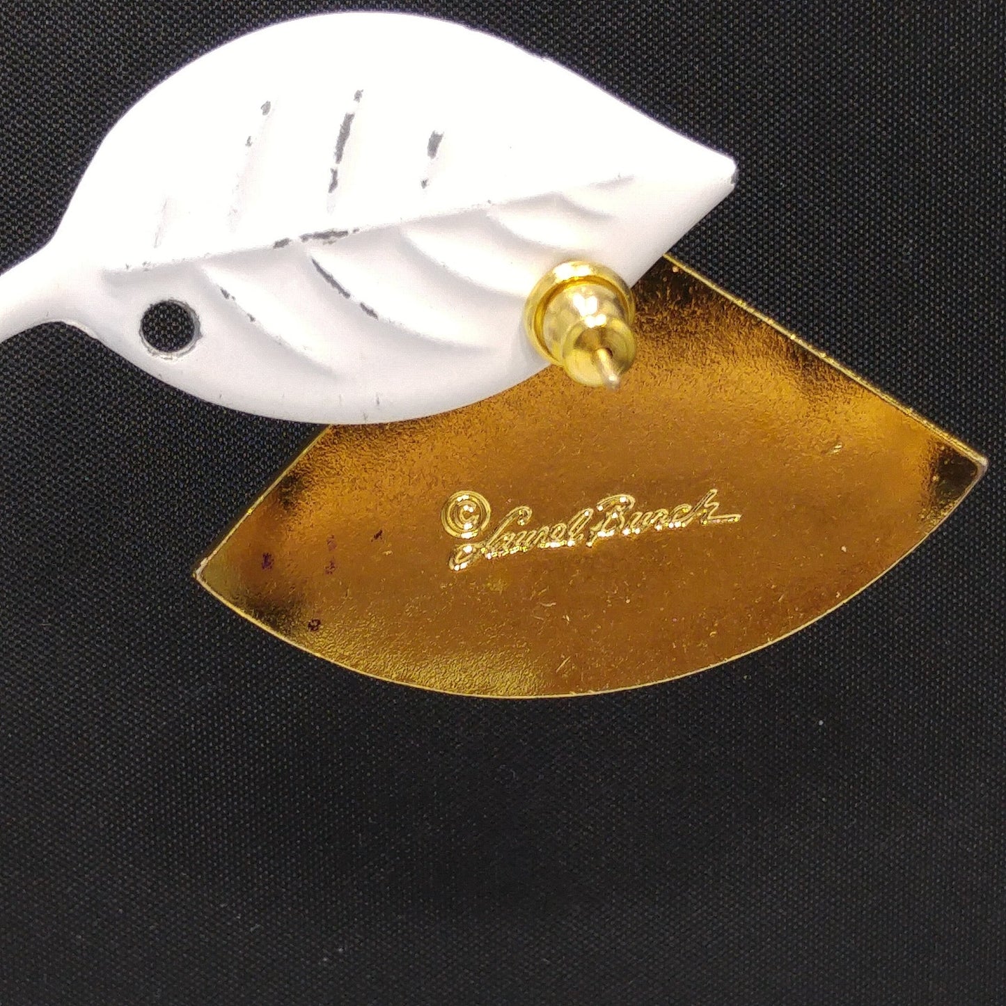Vintage Laurel Burch Large Fan Post Earrings, Black Enamel, Gold Plated