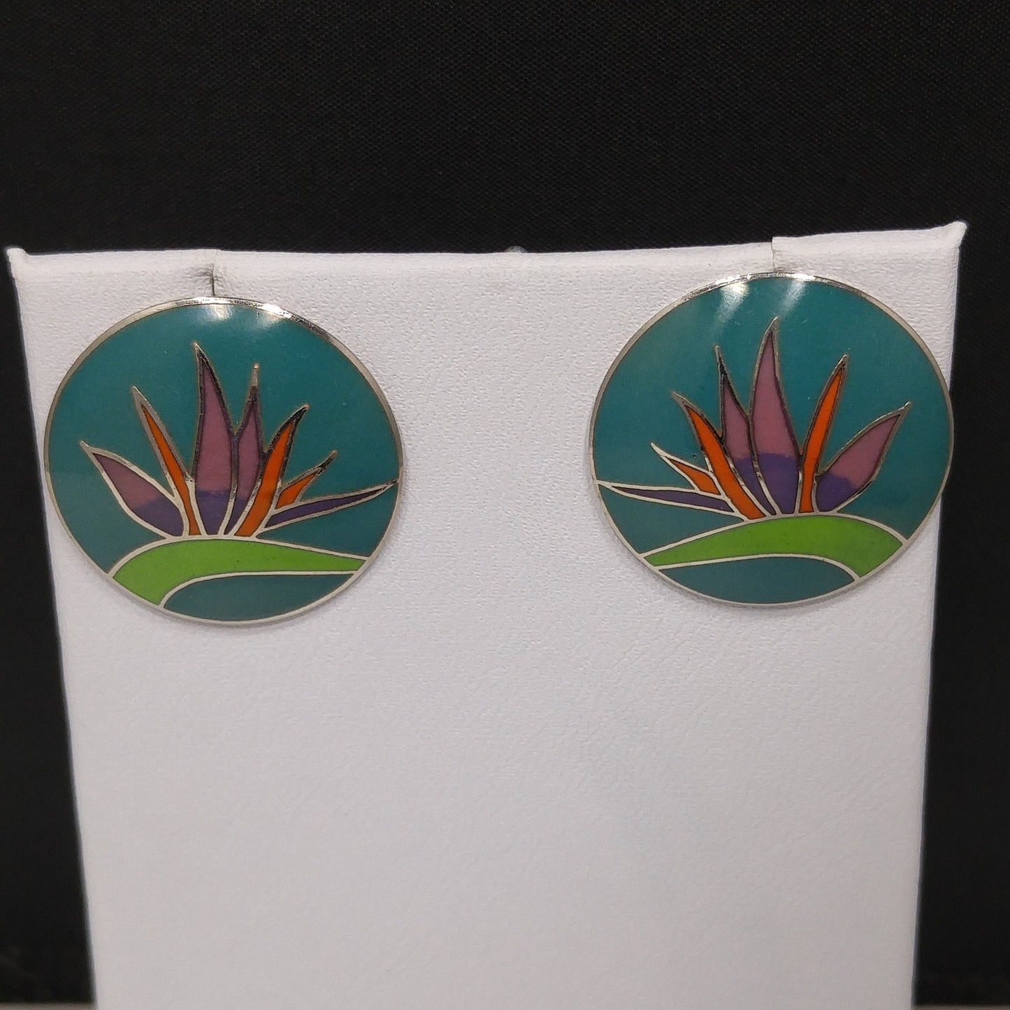 Vintage Laurel Burch Bird of Paradise Post Earrings, Silver Tone Cloisonné