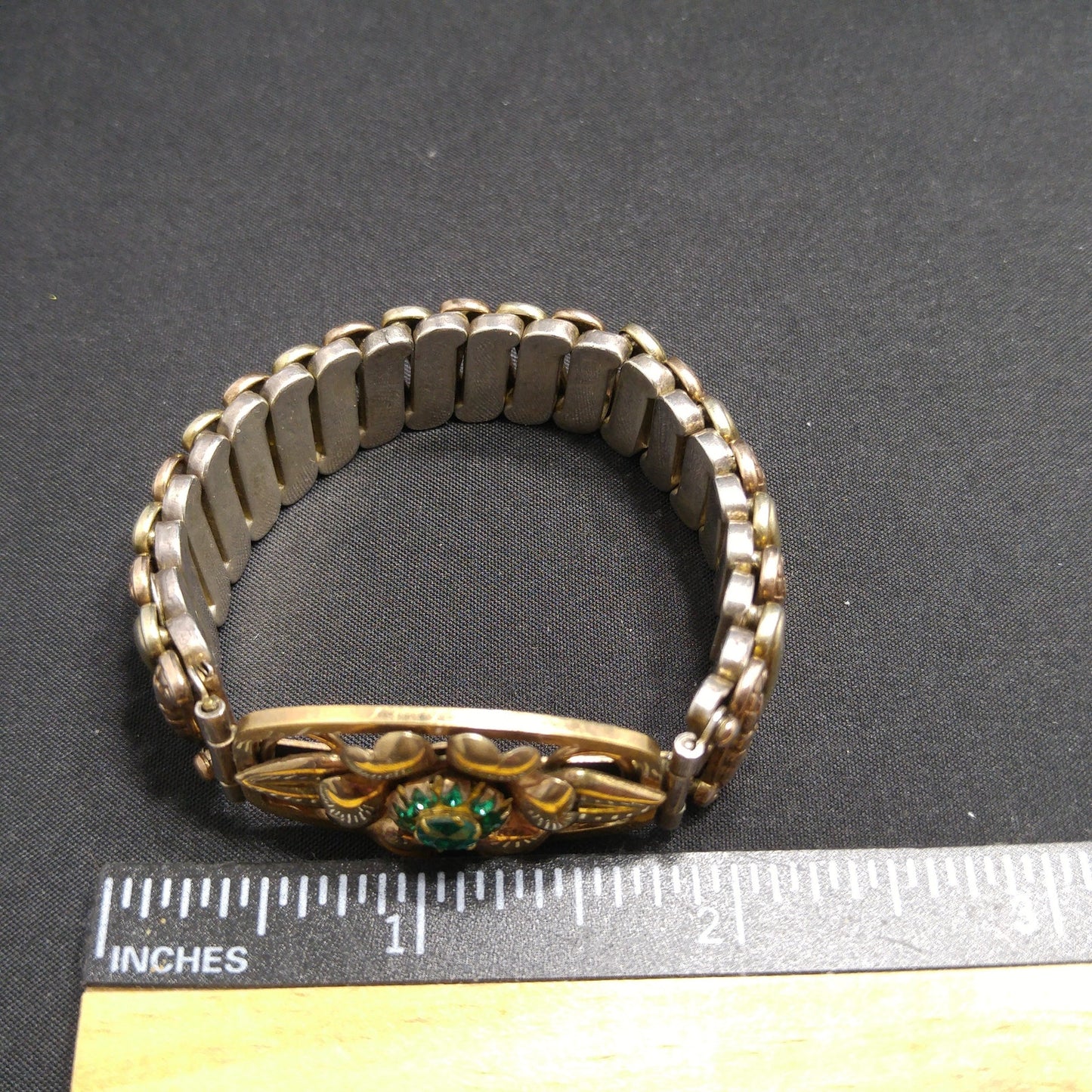 Antique Lustern Expansion Bracelet, 12KGF Sterling, Green Rhinestones, 1920s Vintage Jewelry