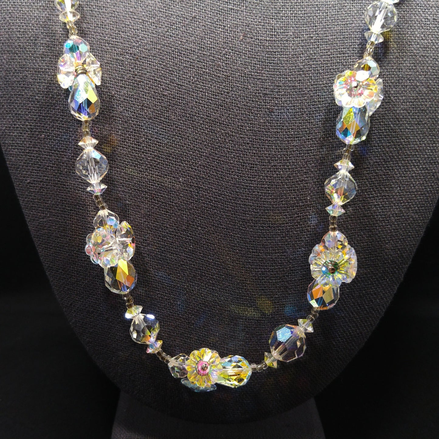 Vendome Flower Margarita Beaded Necklace, Aurora Borealis Clear Crystal Beads, 1960s Vintage Jewelry