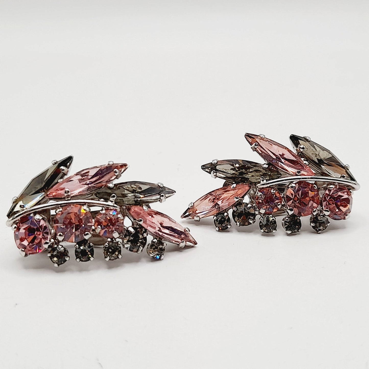 Vintage Sherman Pink Silver Floral Spray Rhodium Plated Clip Earrings