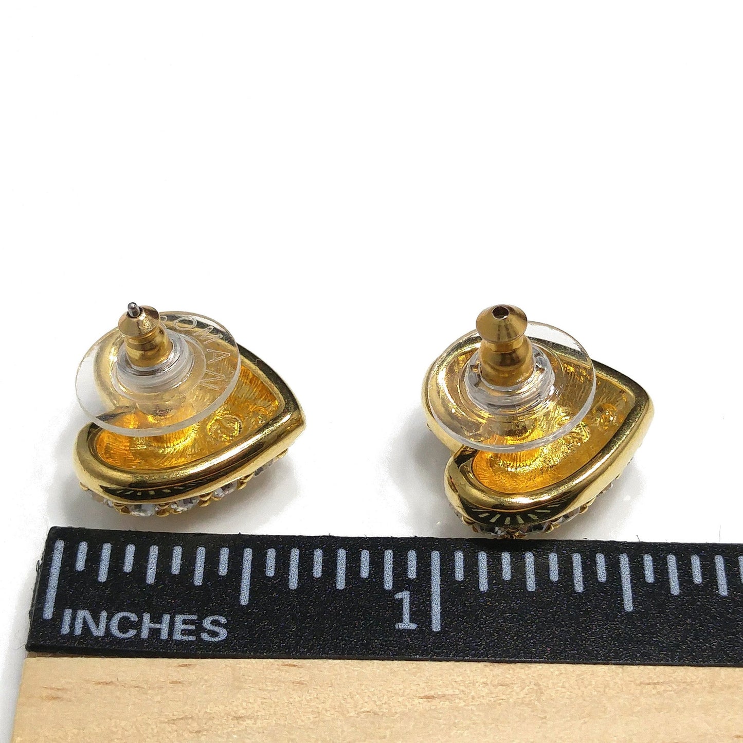 Vintage Swarovski Swan Logo Heart Earrings Clear Pave Rhinestones Gold 1980s