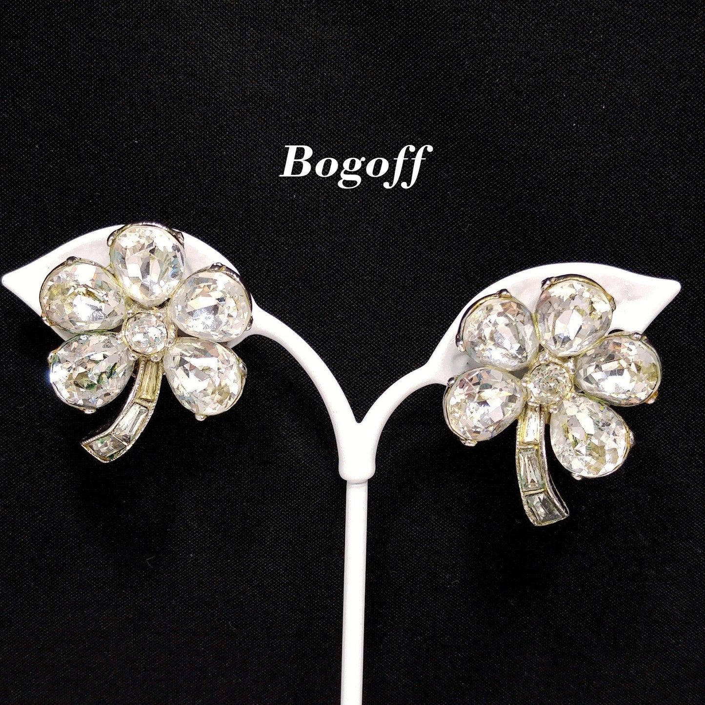 Bogoff Clear Rhinestone Floral Earrings, Rhodium Plated, Wedding Earrings, 1950s Vintage Jewelry