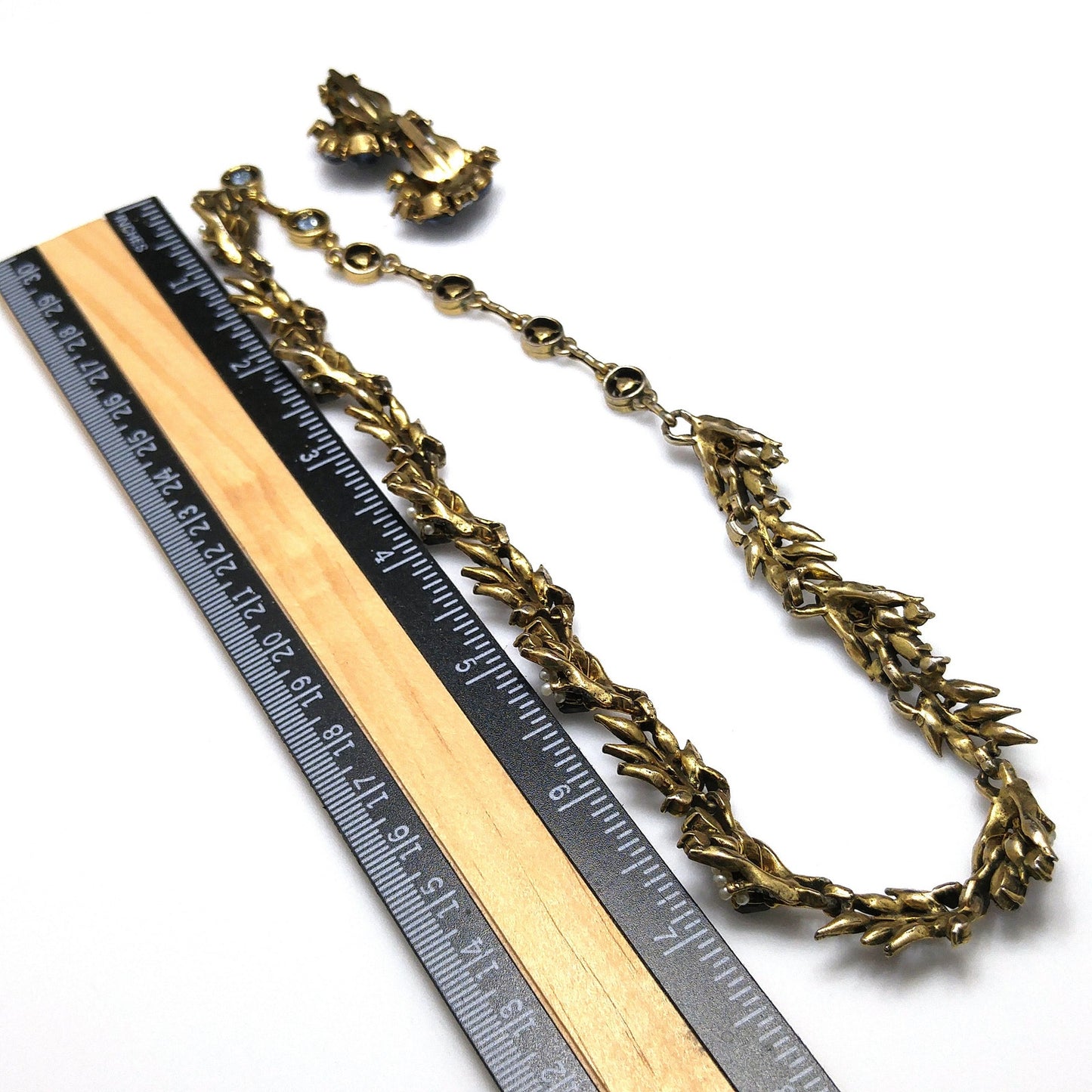 Vintage Hollycraft 1956 Blue Rhinestone Pearl Necklace Earrings Set Gold Tone