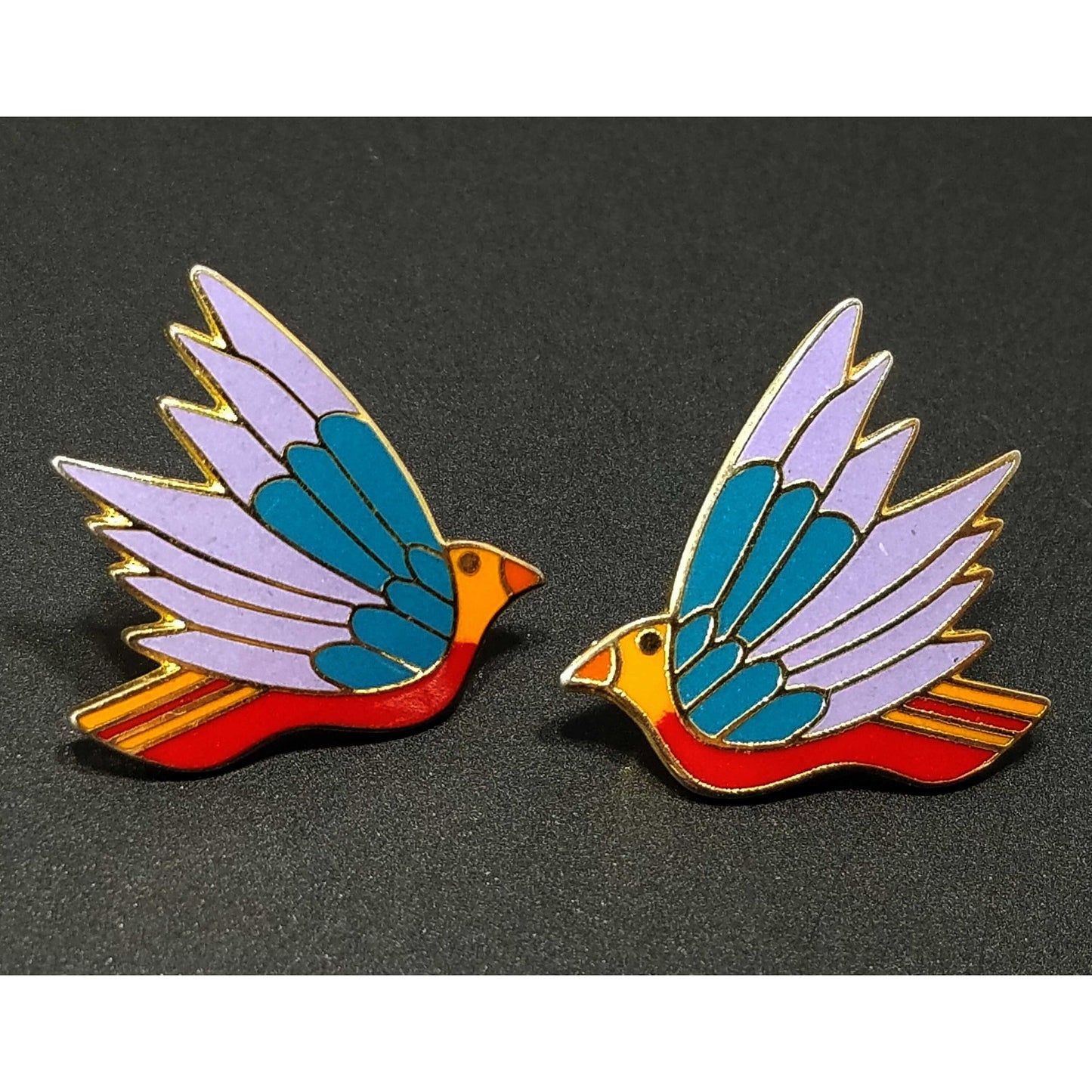 Laurel Burch "Celeste" Bird Earrings, Gold Plated Cloisonne Enamel, 1980s