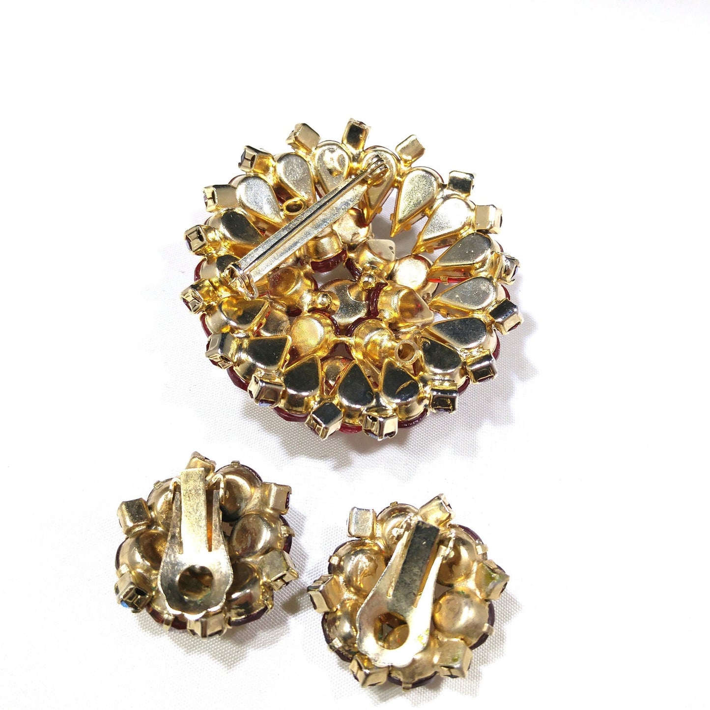 Red Rhinestone Aurora Borealis Brooch Earrings Set, Gold Plated, 1960s Vintage Jewelry