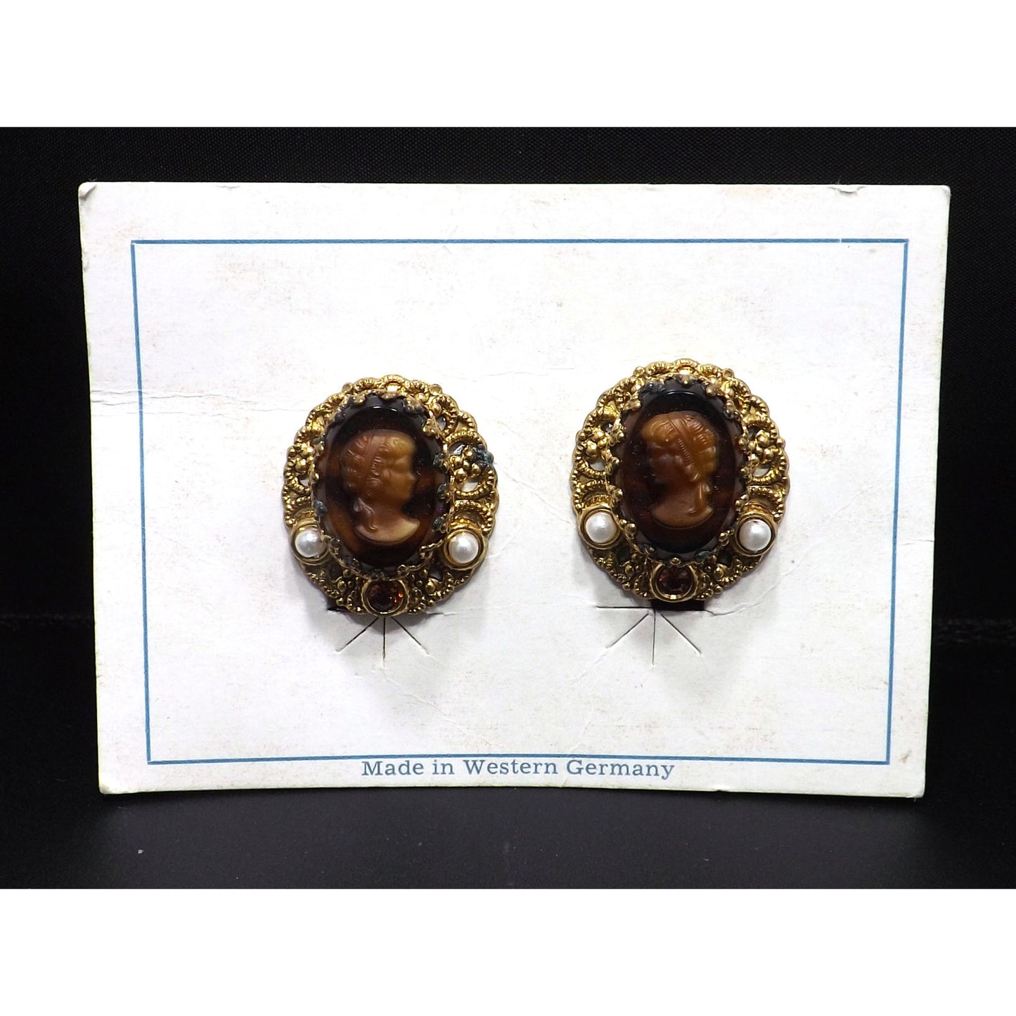 West Germany Cameo Clip Earrings, Original Card, Faux Pearls, 1950s Vintage Jewelry
