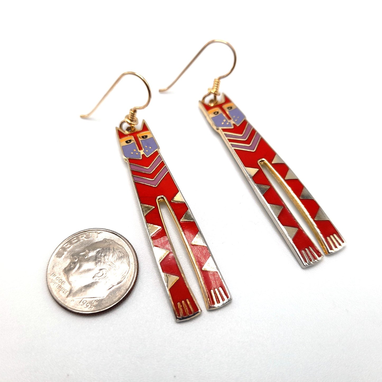Laurel Burch Red Nubian Cat Earrings, Gold Plated, Tall Red Enamel Cats, 1980s Vintage Jewelry