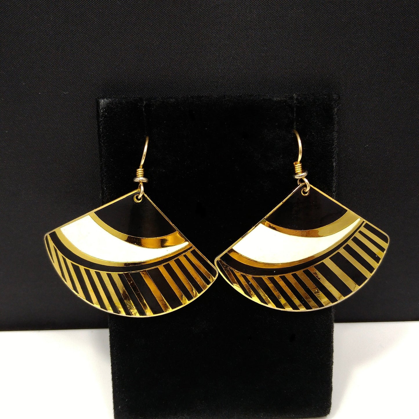 Laurel Burch Geometric Fan Earrings, Black White & Gold, 1980s Vintage Jewelry