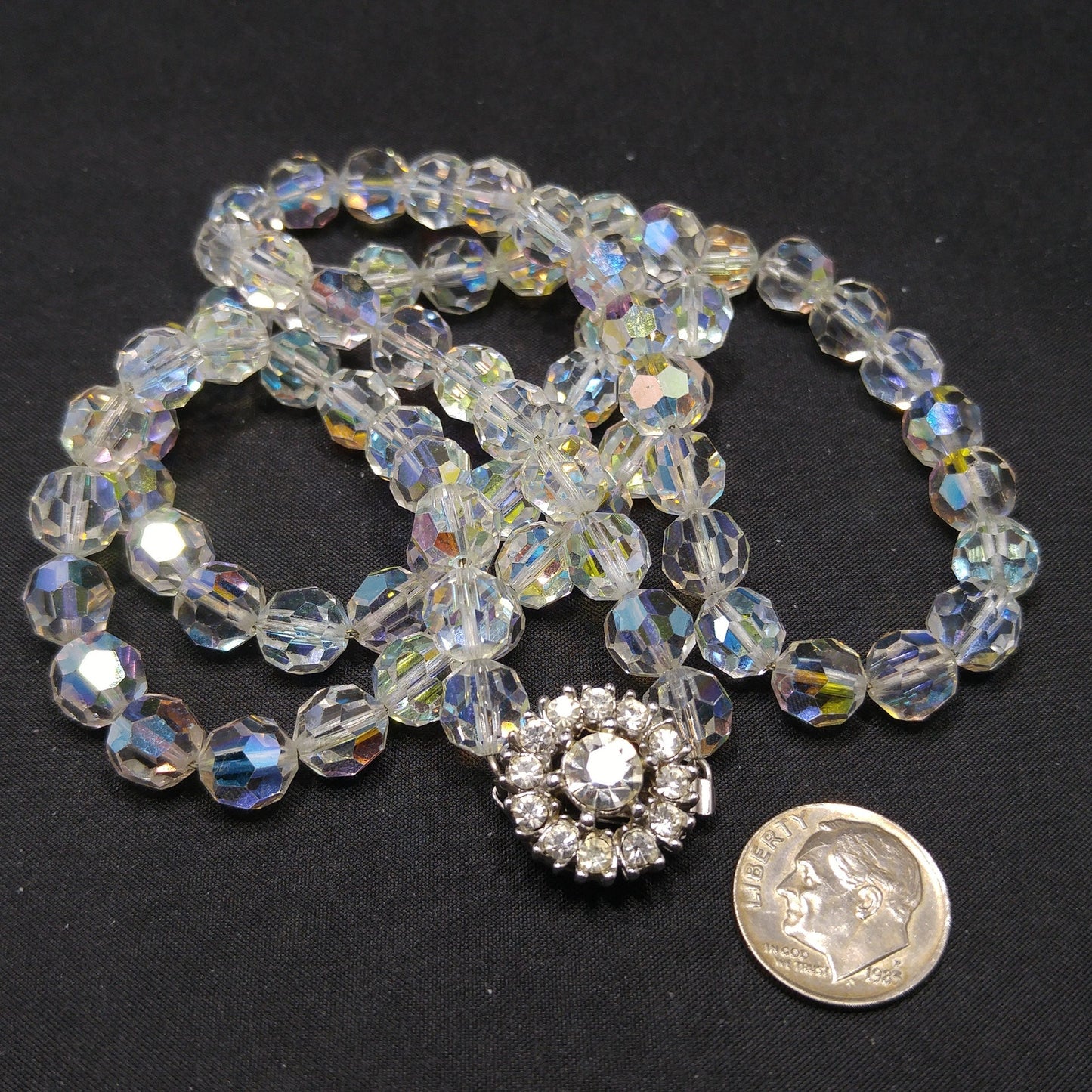 Bergere Aurora Borealis Crystal Long Necklace, Thread on Chain, Rhinestone Clasp, 1960s Vintage Jewelry