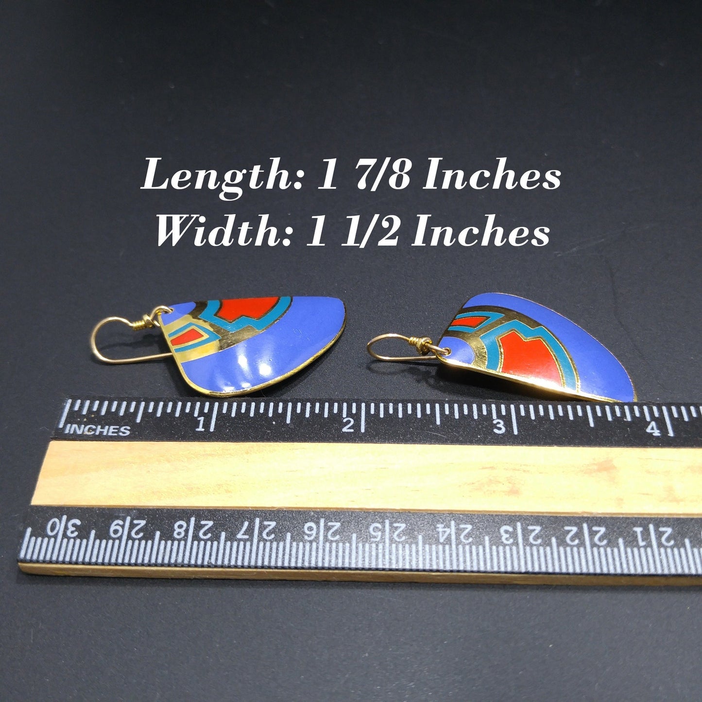 Vintage Laurel Burch Fan Earrings, Blue Red Teal Enamel, Gold Plated