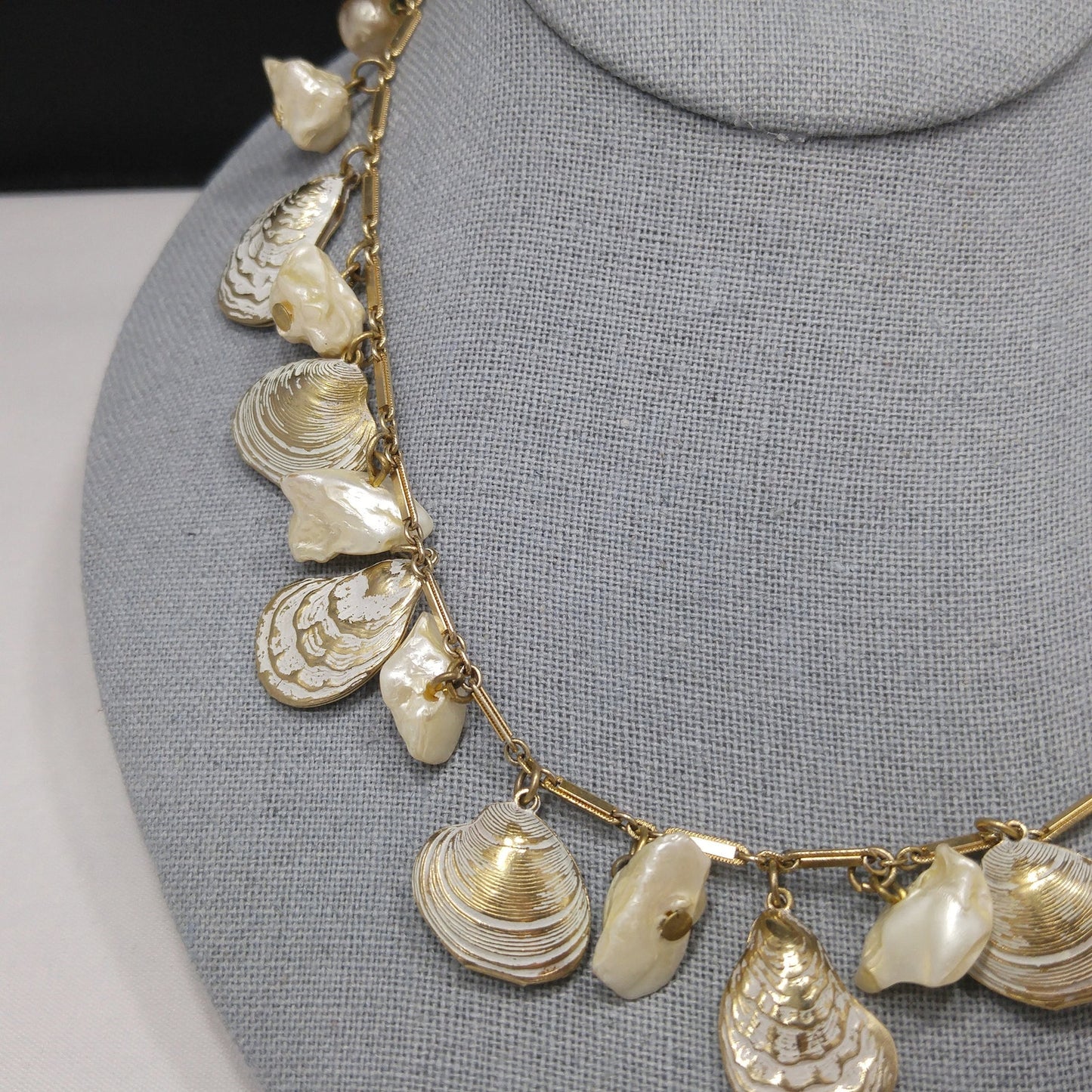 Sea Shell & Faux Pearl Charm Necklace, Gold Tone Chain, 1950s Vintage Jewelry