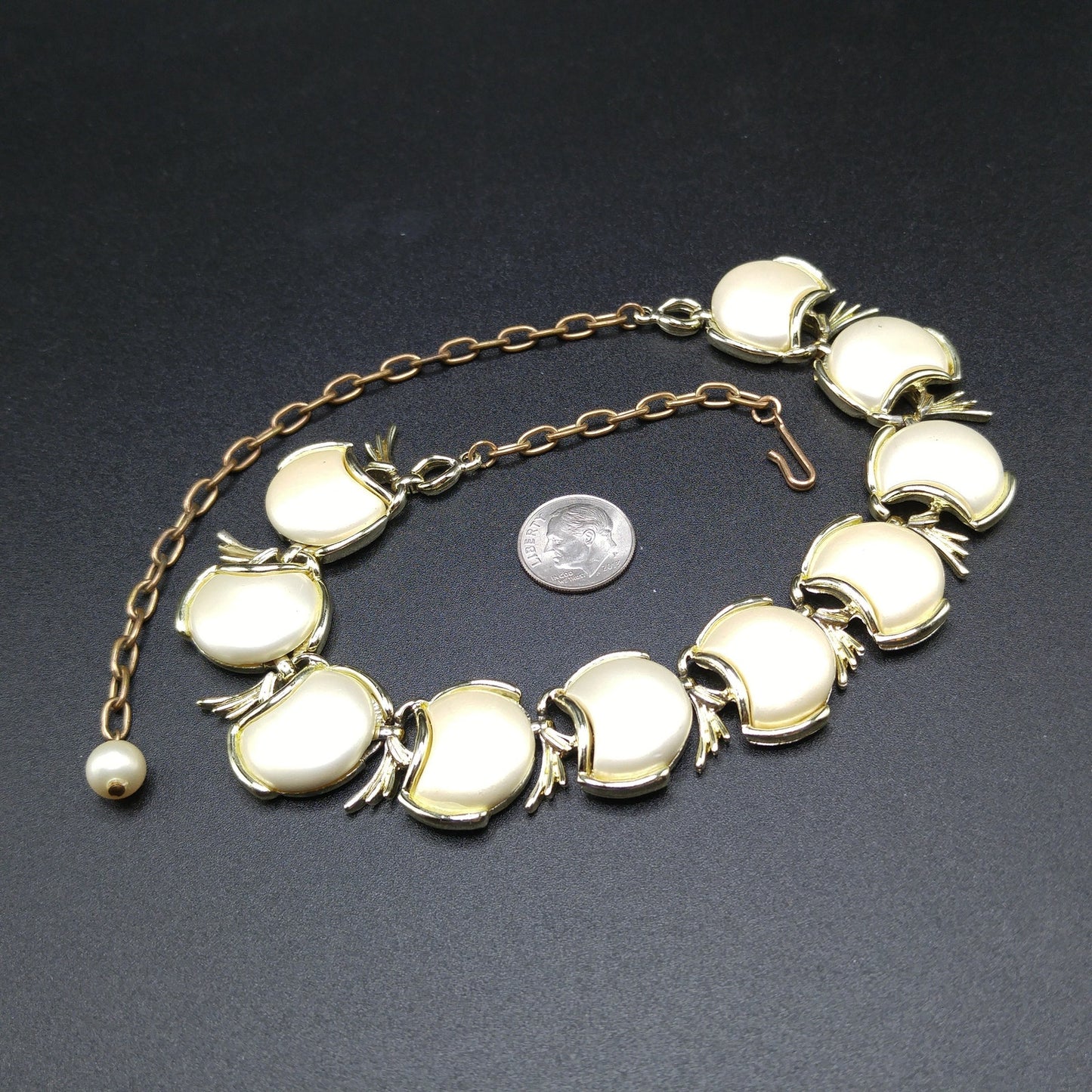 Creamy White Pearled Link Choker Necklace, Mid-Century, Gold Tone, 1950s Vintage Jewelry