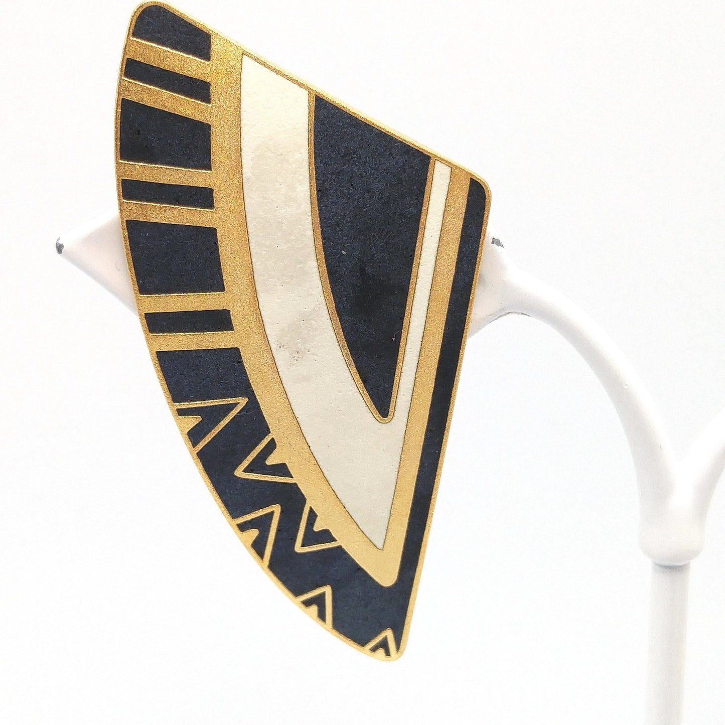Laurel Burch Geometric Large Clip Earrings, Black White Enamel, Gold Plated, 1990s Vintage Jewelry