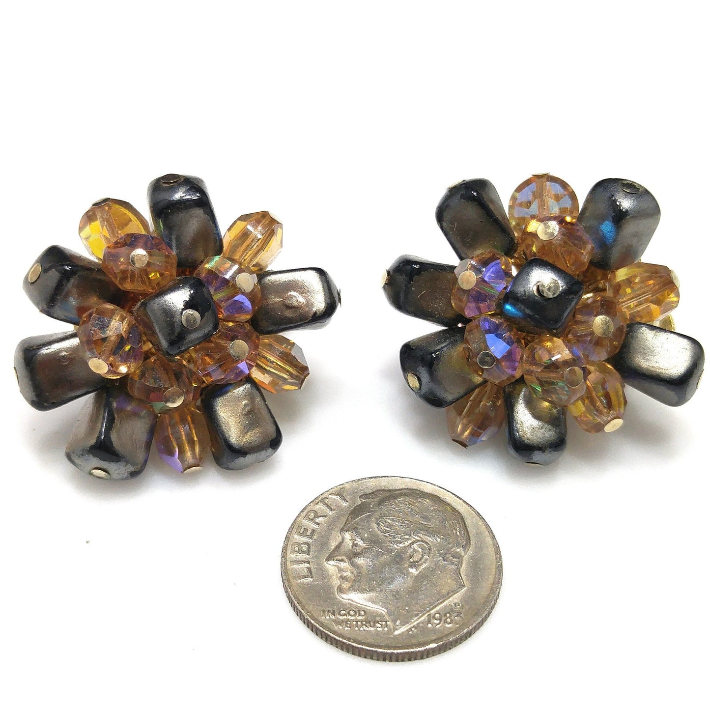 Vendome Beaded Clip Earrings, Brown Iridescent AB Topaz Beads, 1960s Vintage Jewelry