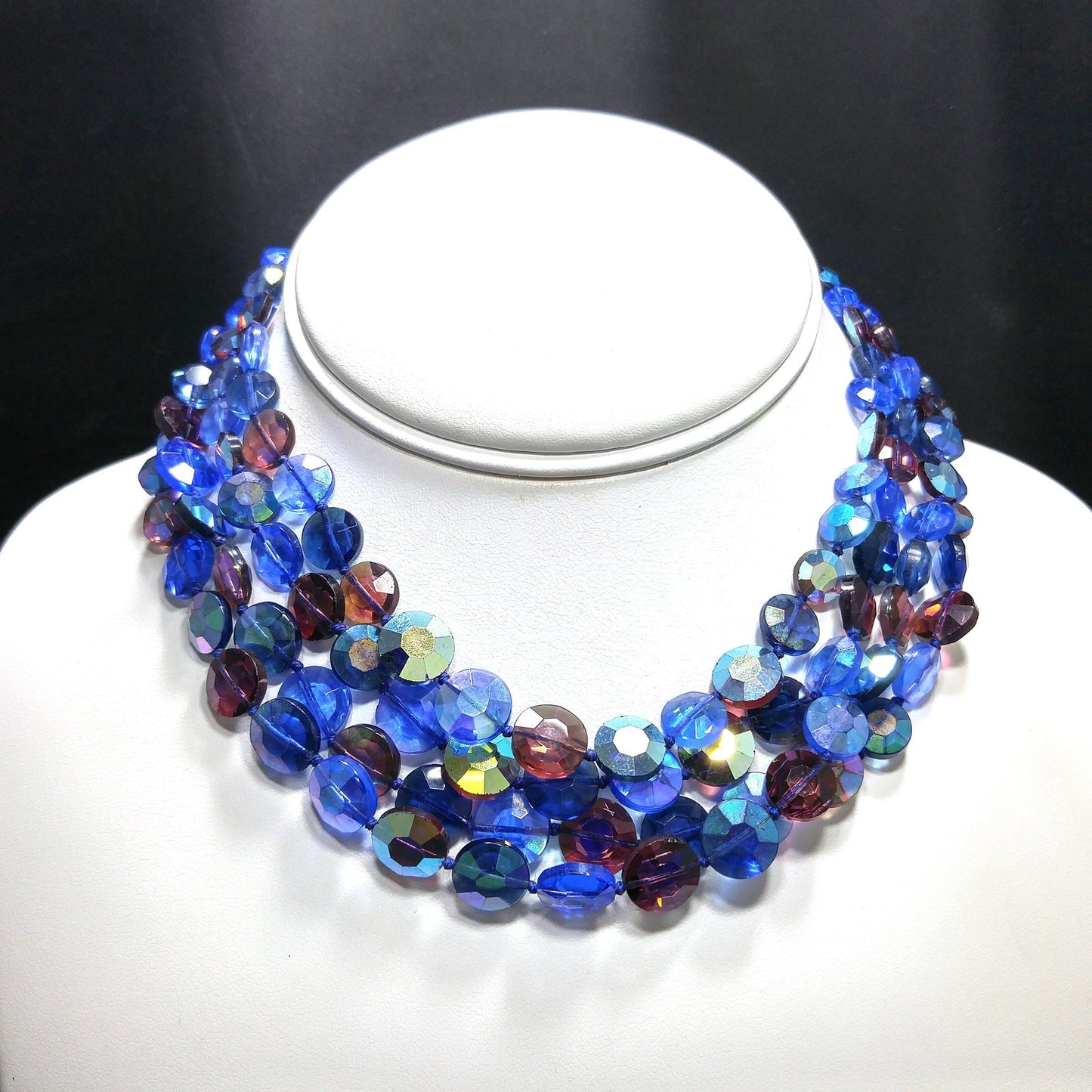 Blue Purple Aurora Borealis Necklace, Hand Knotted Four Strands, 1950s Vintage Jewelry