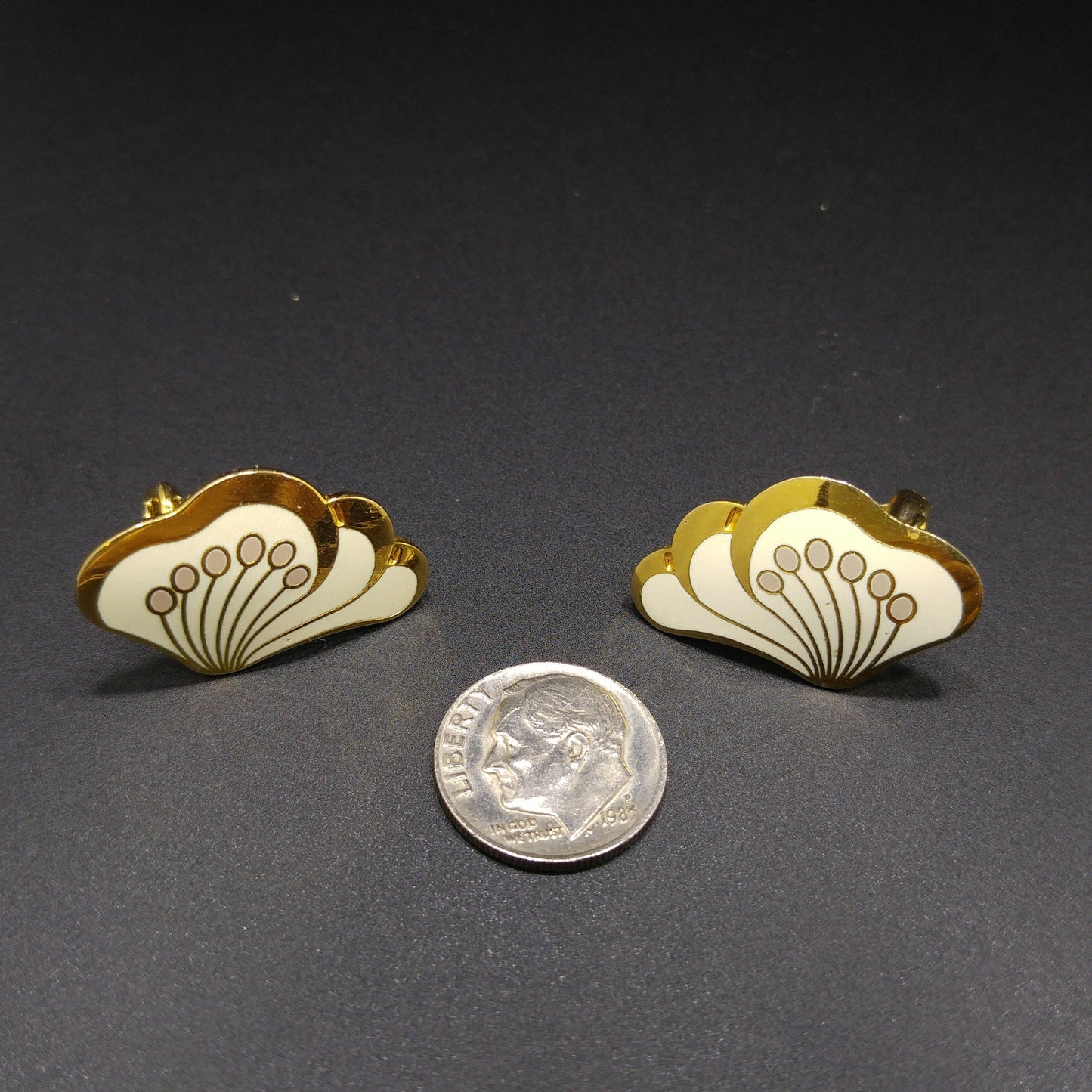 Laurel Burch "Le Fleur" Gold & White Clip Earrings, Gold Plated, 1980s Vintage