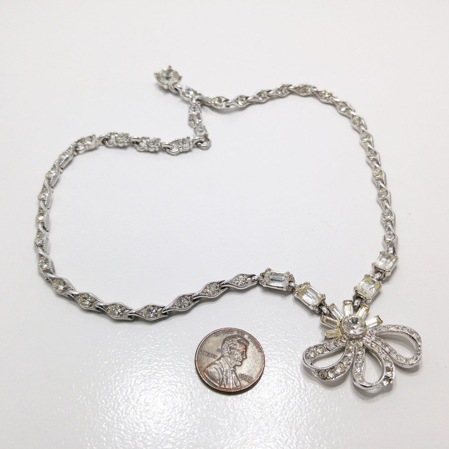 Bogoff Clear Rhinestone Pendant Choker Necklace, Rhodium Plated, 1950s Vintage