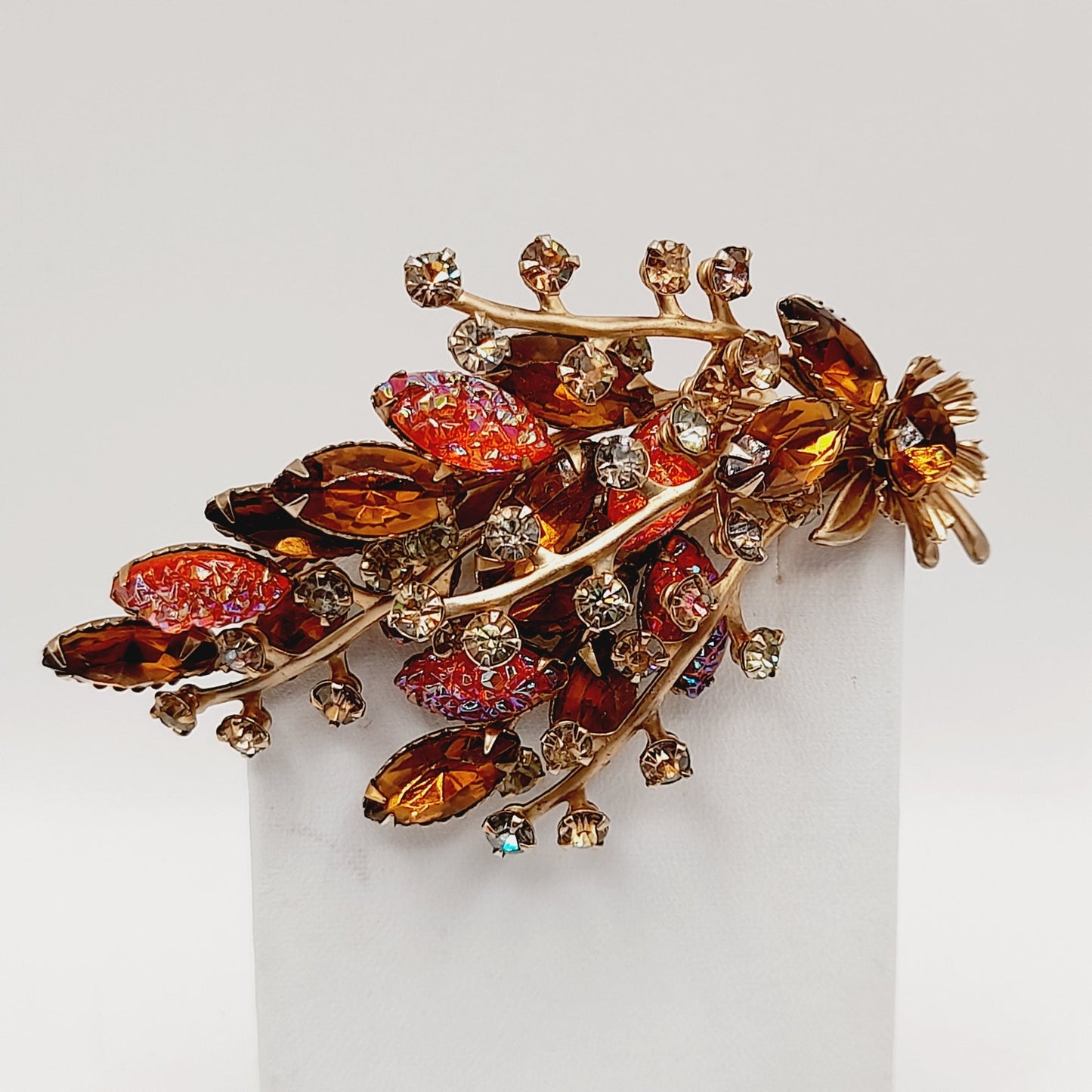 Vintage Amber Orange Rhinestone Leaf Brooch, 3D Layered, 1950s