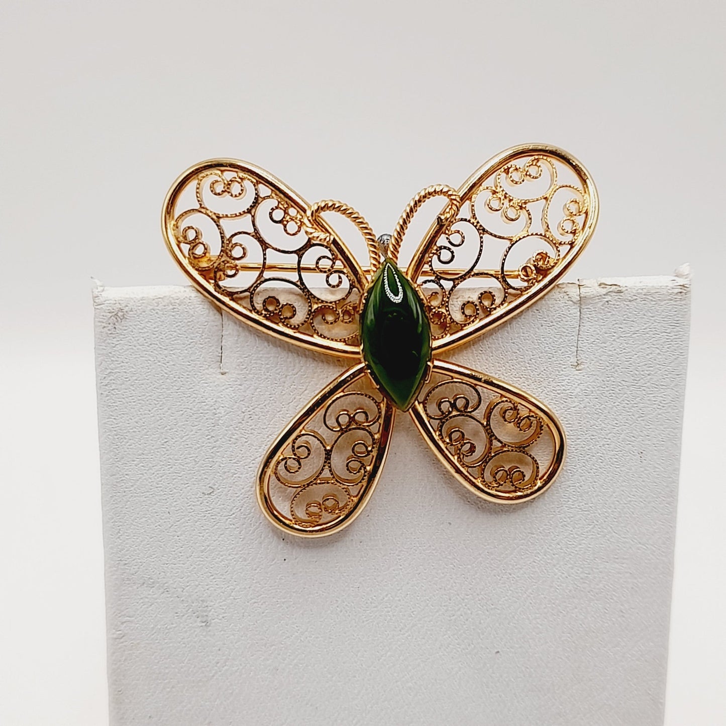 Vintage Gold Filled Butterfly Brooch Green Gemstone Center 1-20 14K GF