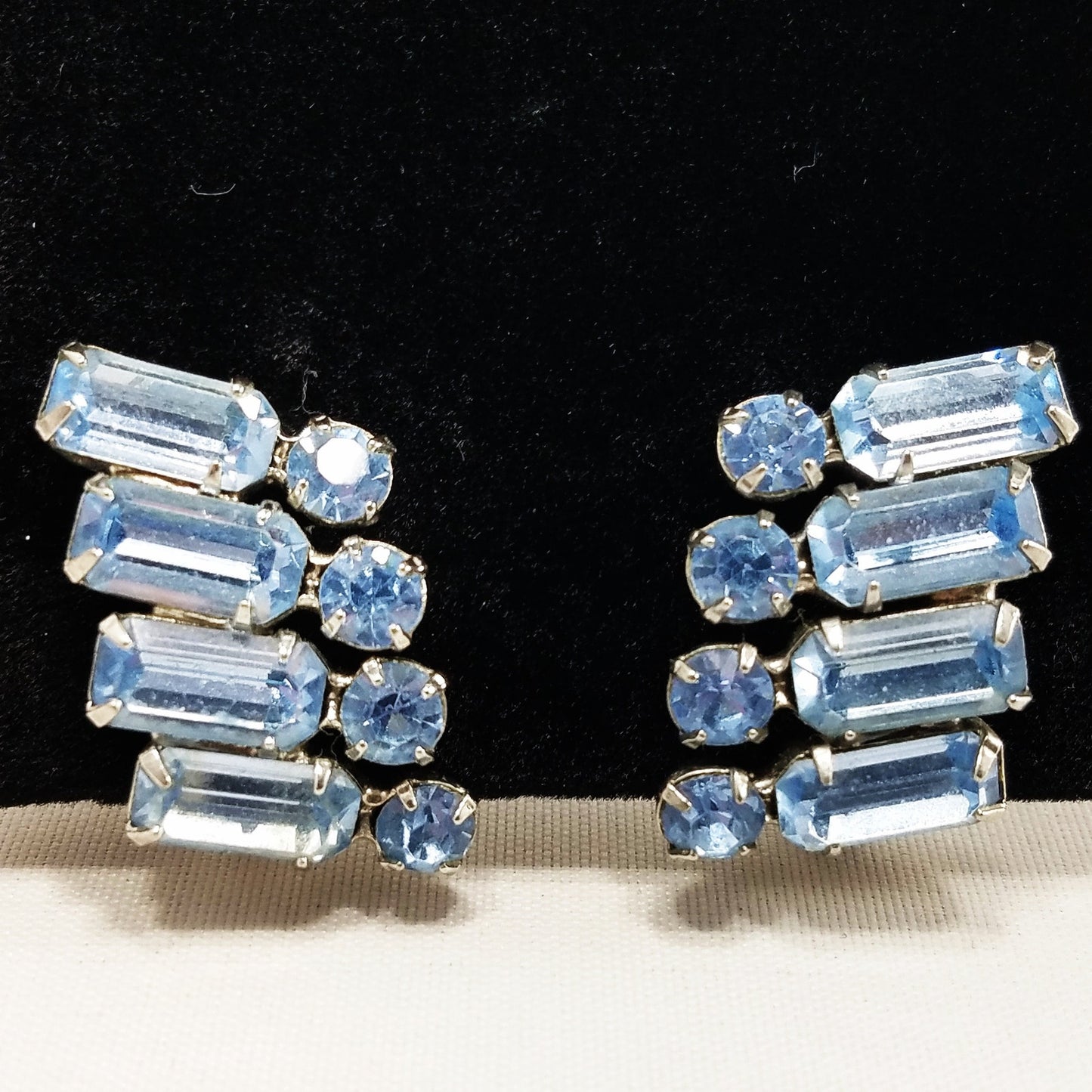 Vintage WEISS Powder Blue Clip Earrings, Silver Tone 1950s Austrian Crystal