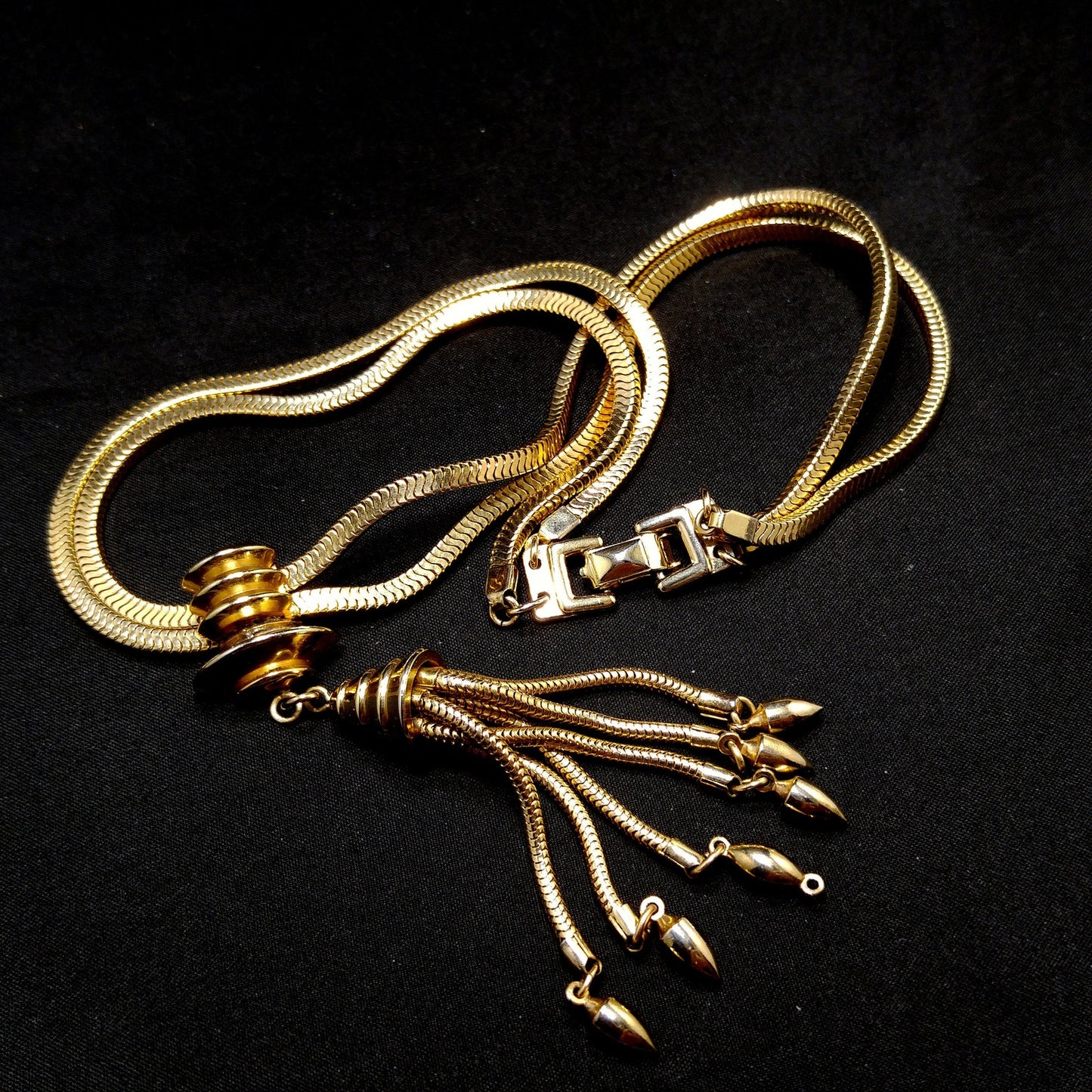 Barclay Snake Chain Tassel Necklace, Gold Plated, 1950s Vintage Jewelry