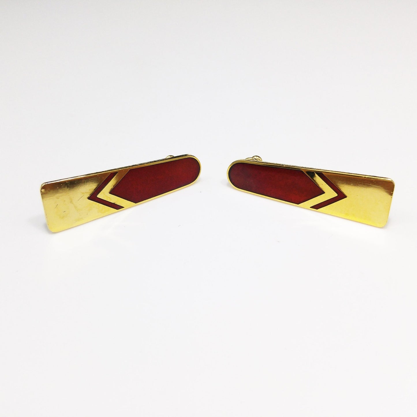 Vintage Laurel Burch Gold Red Chevron Post Earrings, 1980s, Gold Plated