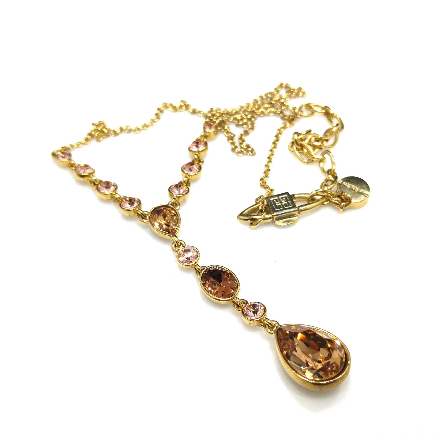 Givenchy Topaz Rhinestone Drop Necklace, Gold Plated, 1990s Vintage Jewelry