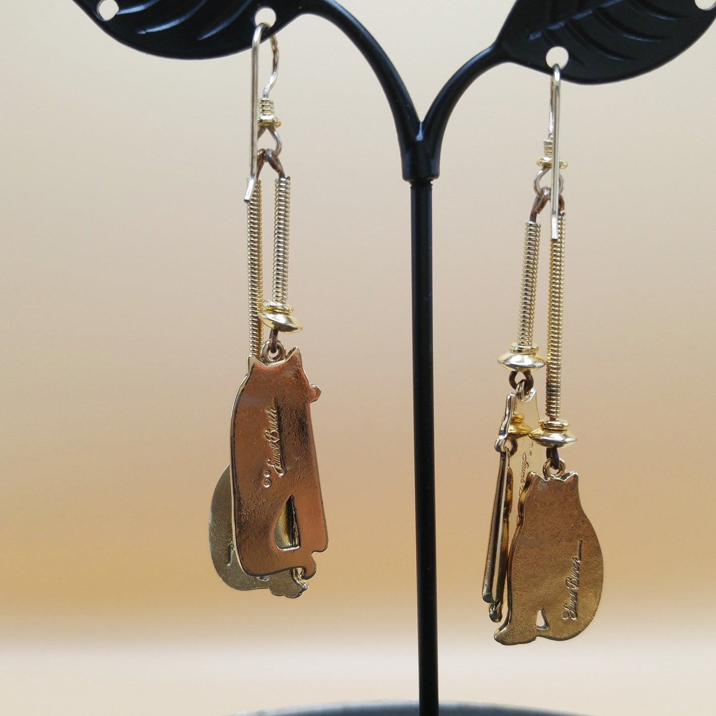 Laurel Burch Two Cats Dangle Earrings, Mystic Cat, Siamese Cat, 1980s Vintage Jewelry