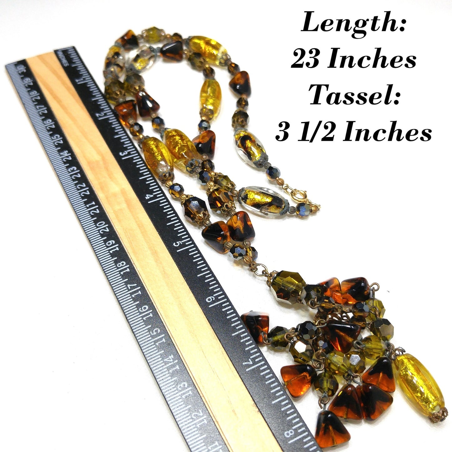 Gold Foil Art Glass Autumn Beaded Necklace, Multi-strand Tassel, 1970s Vintage Jewelry
